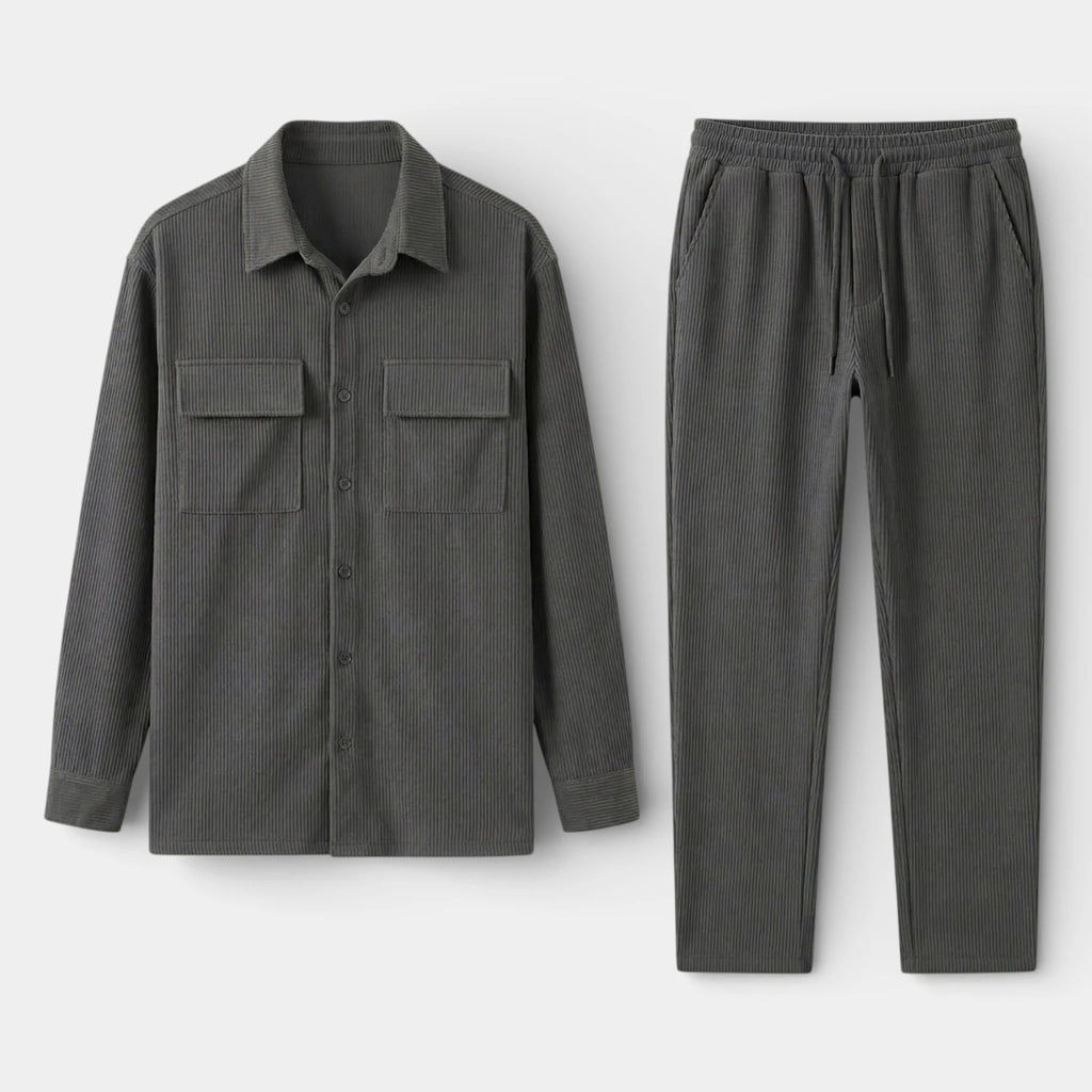 Ribbed Texture Button-Up Shirt Pants Set for Men