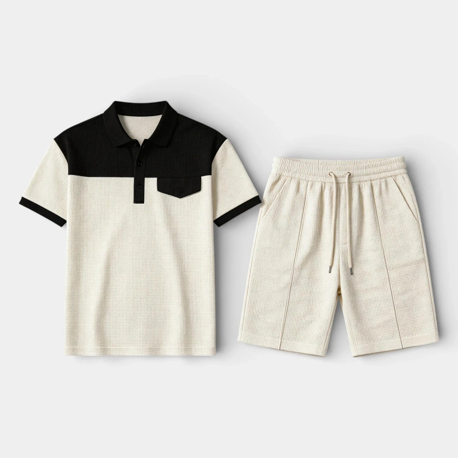 Waffle Texture Polo Shirt Shorts Set Regular Fit for Men