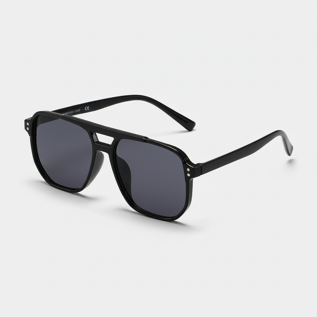Square Aviator Sunglasses Double Bridge Black Frame for Men