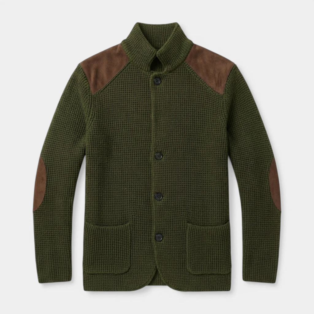 Button-Up Knit Jacket Ribbed Collar Elbow Patch for Men