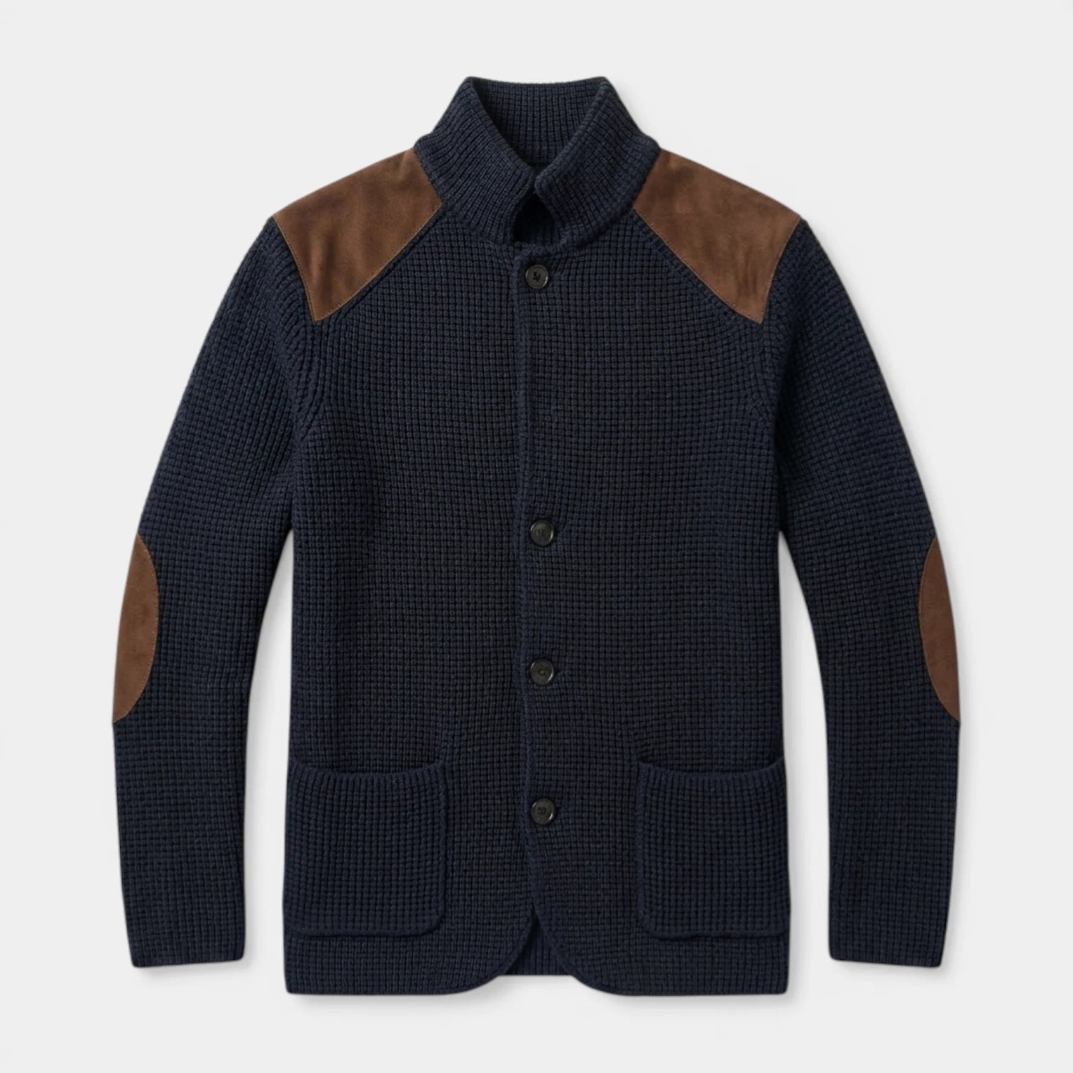 Button-Up Knit Jacket Ribbed Collar Elbow Patch for Men