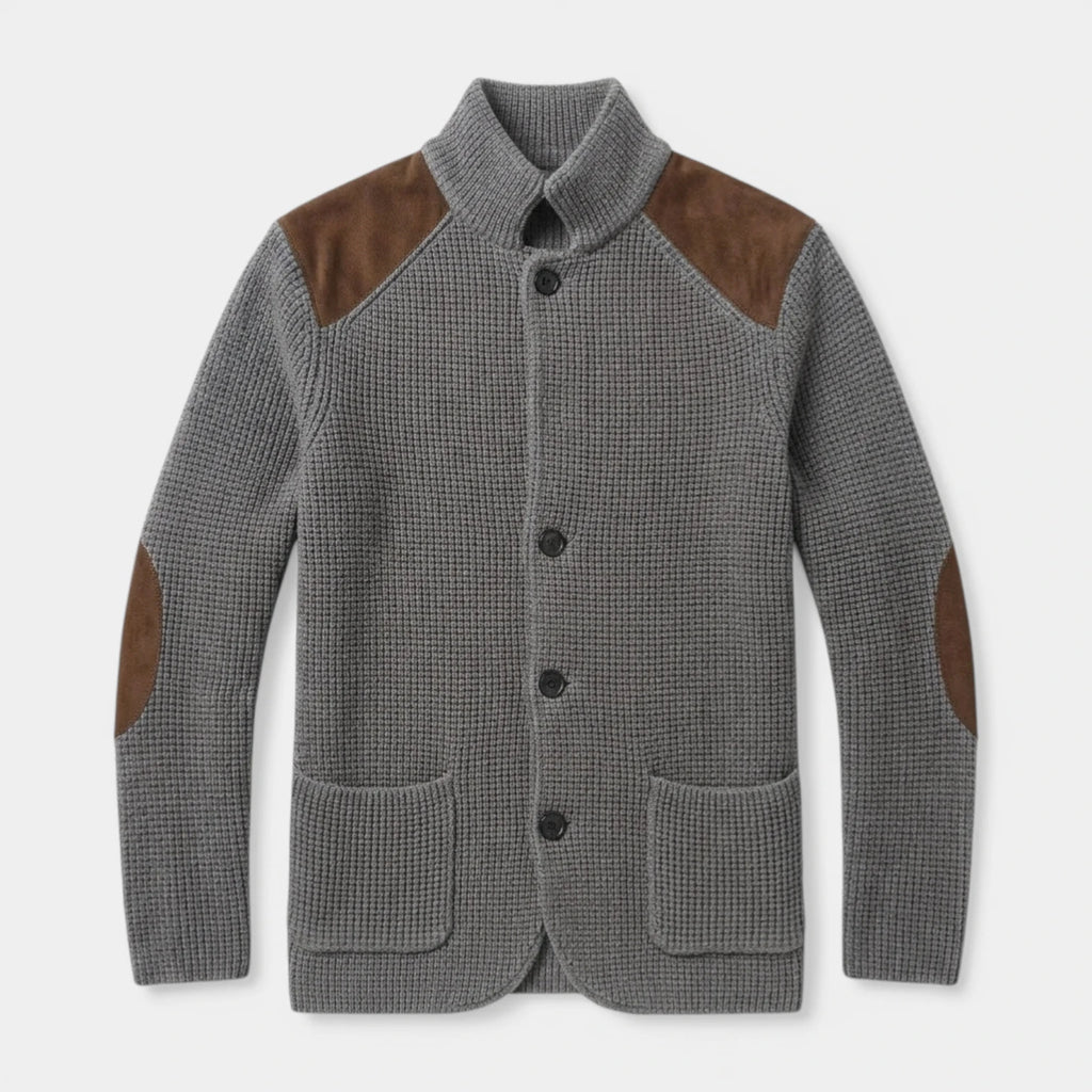 Button-Up Knit Jacket Ribbed Collar Elbow Patch for Men