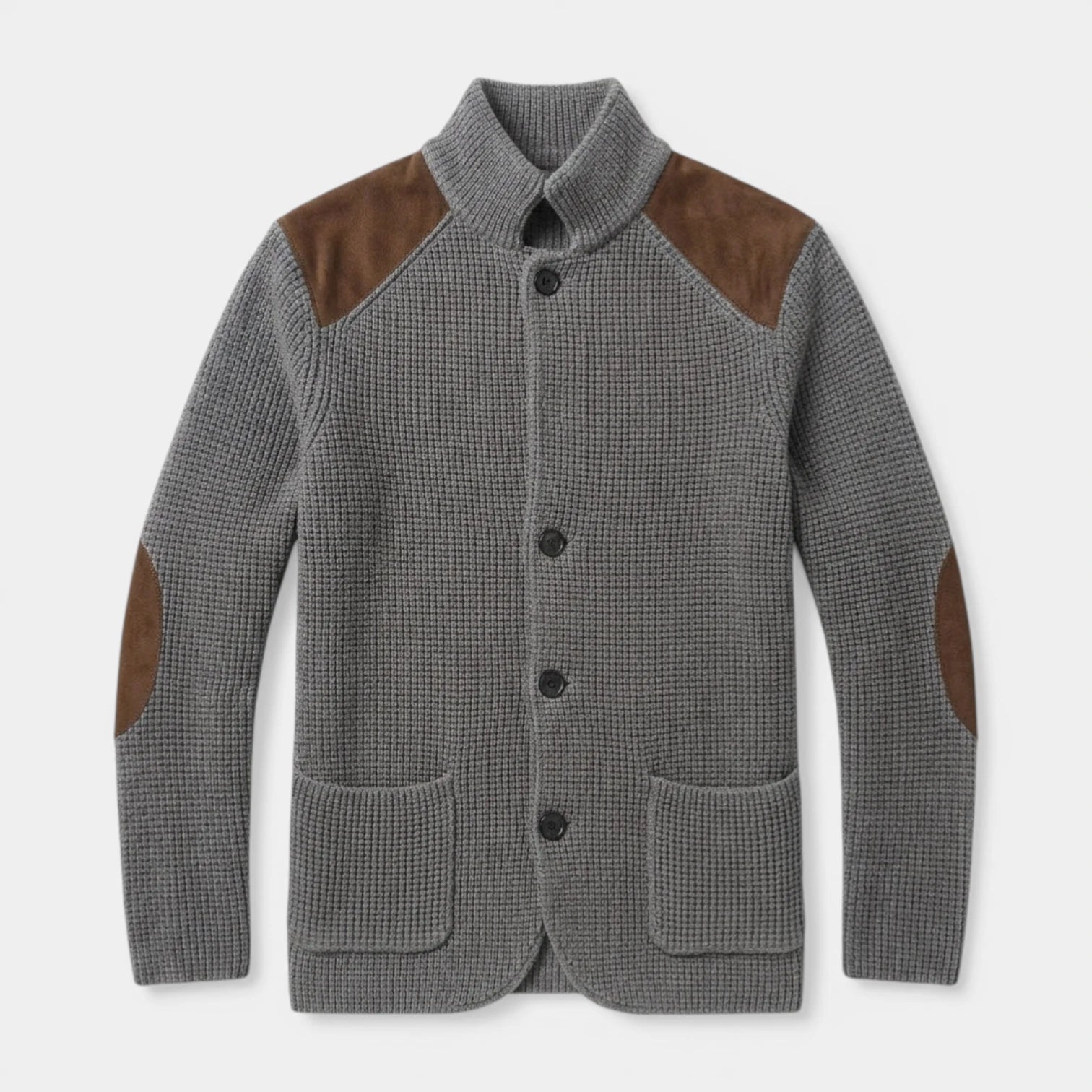 Button-Up Knit Jacket Ribbed Collar Elbow Patch for Men
