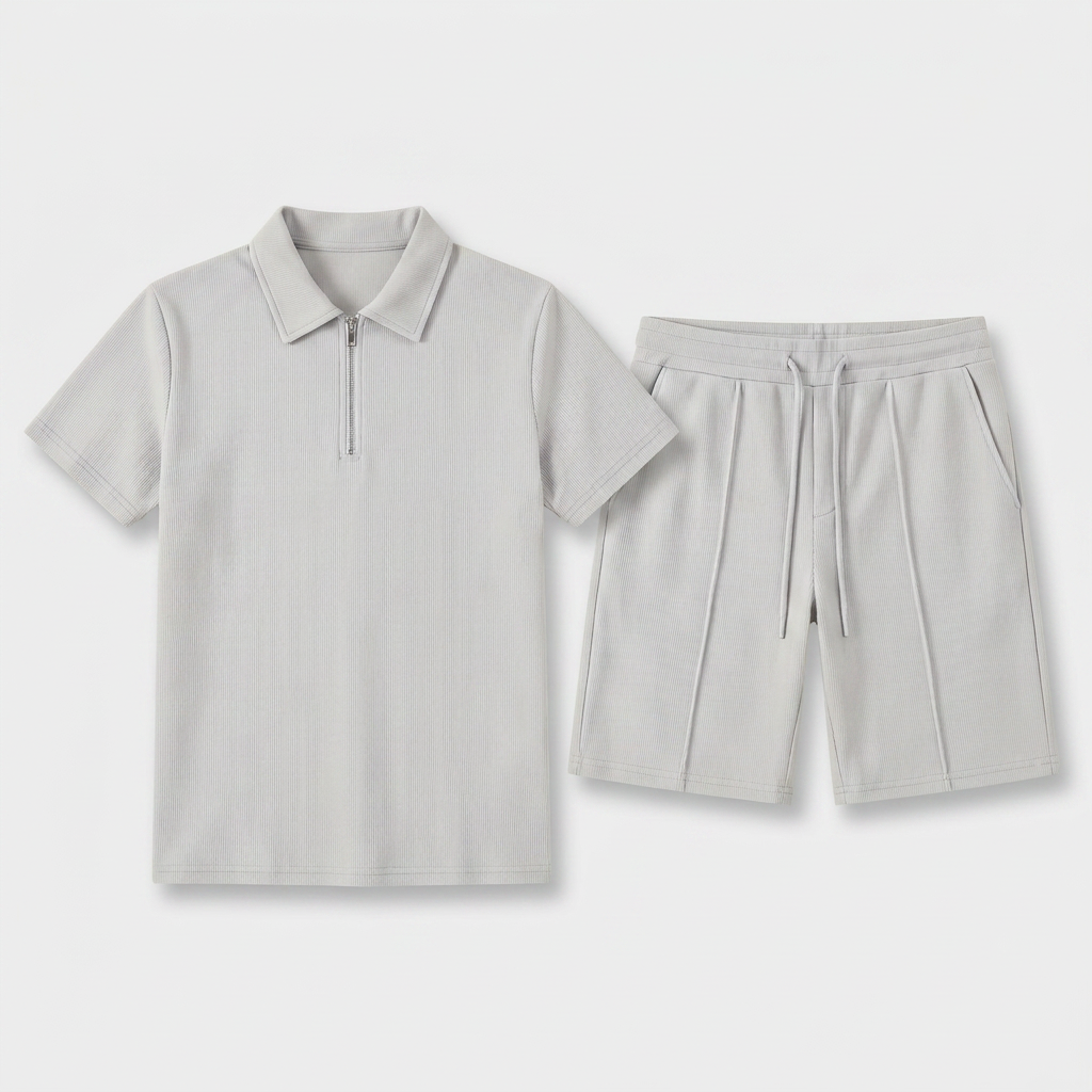 Two-Piece Zip Polo Shirt and Shorts Set for Men
