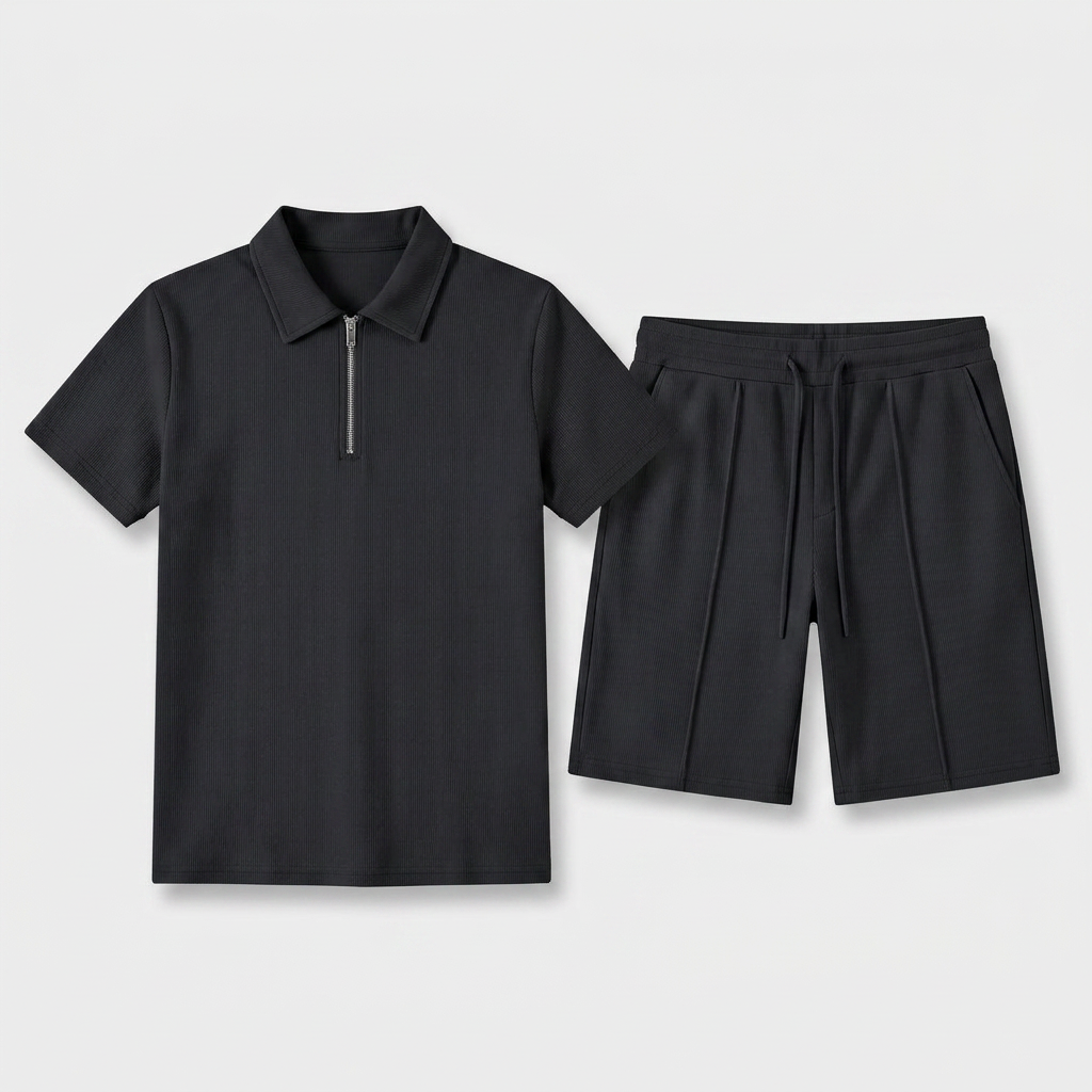 Two-Piece Zip Polo Shirt and Shorts Set for Men