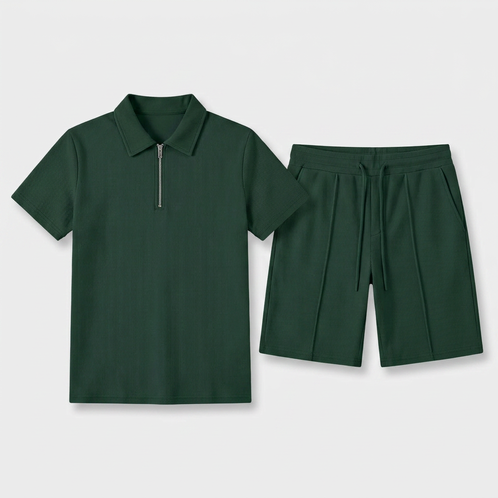 Two-Piece Zip Polo Shirt and Shorts Set for Men