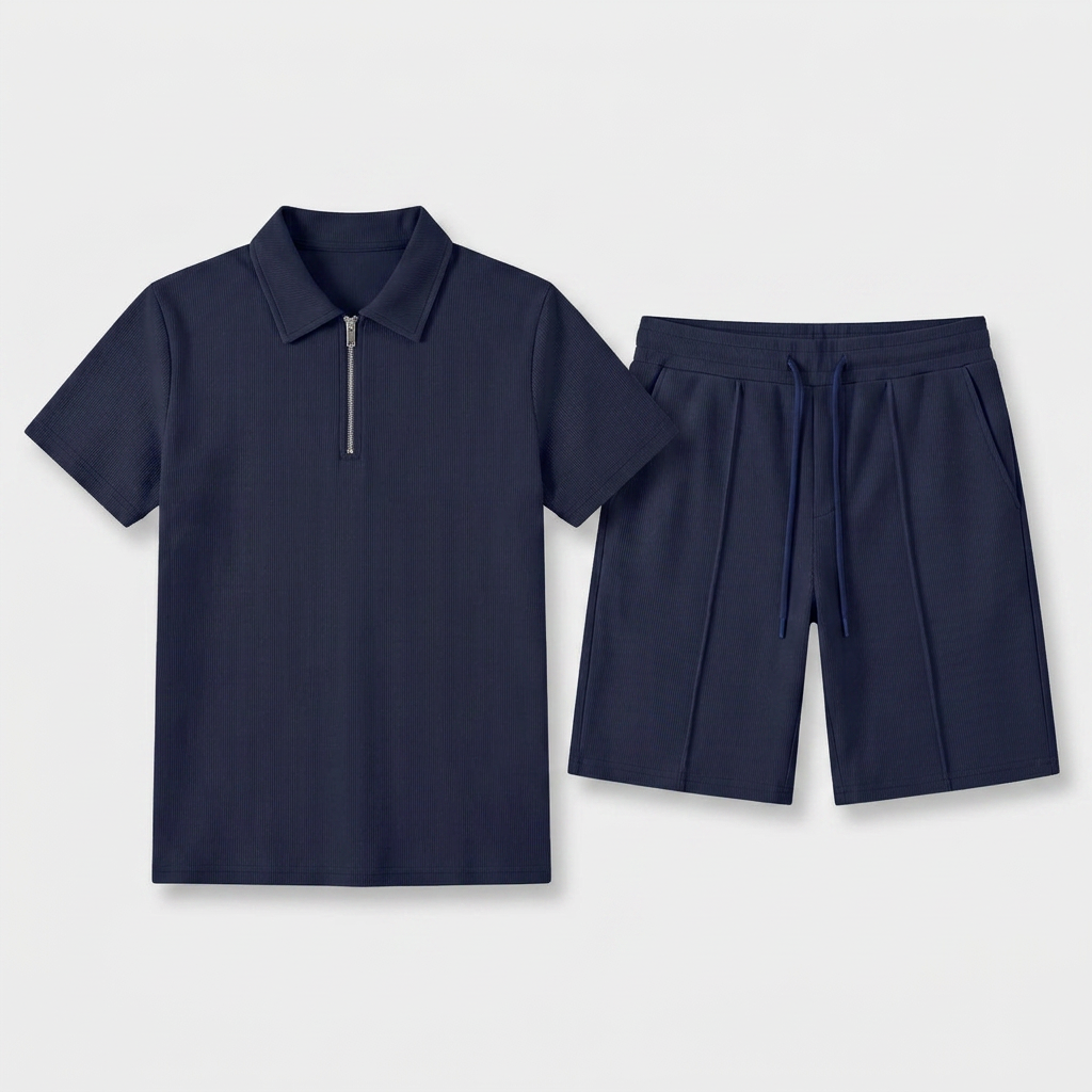 Two-Piece Zip Polo Shirt and Shorts Set for Men