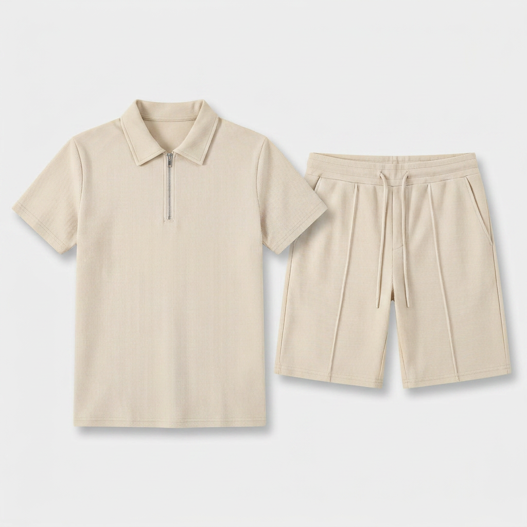 Two-Piece Zip Polo Shirt and Shorts Set for Men