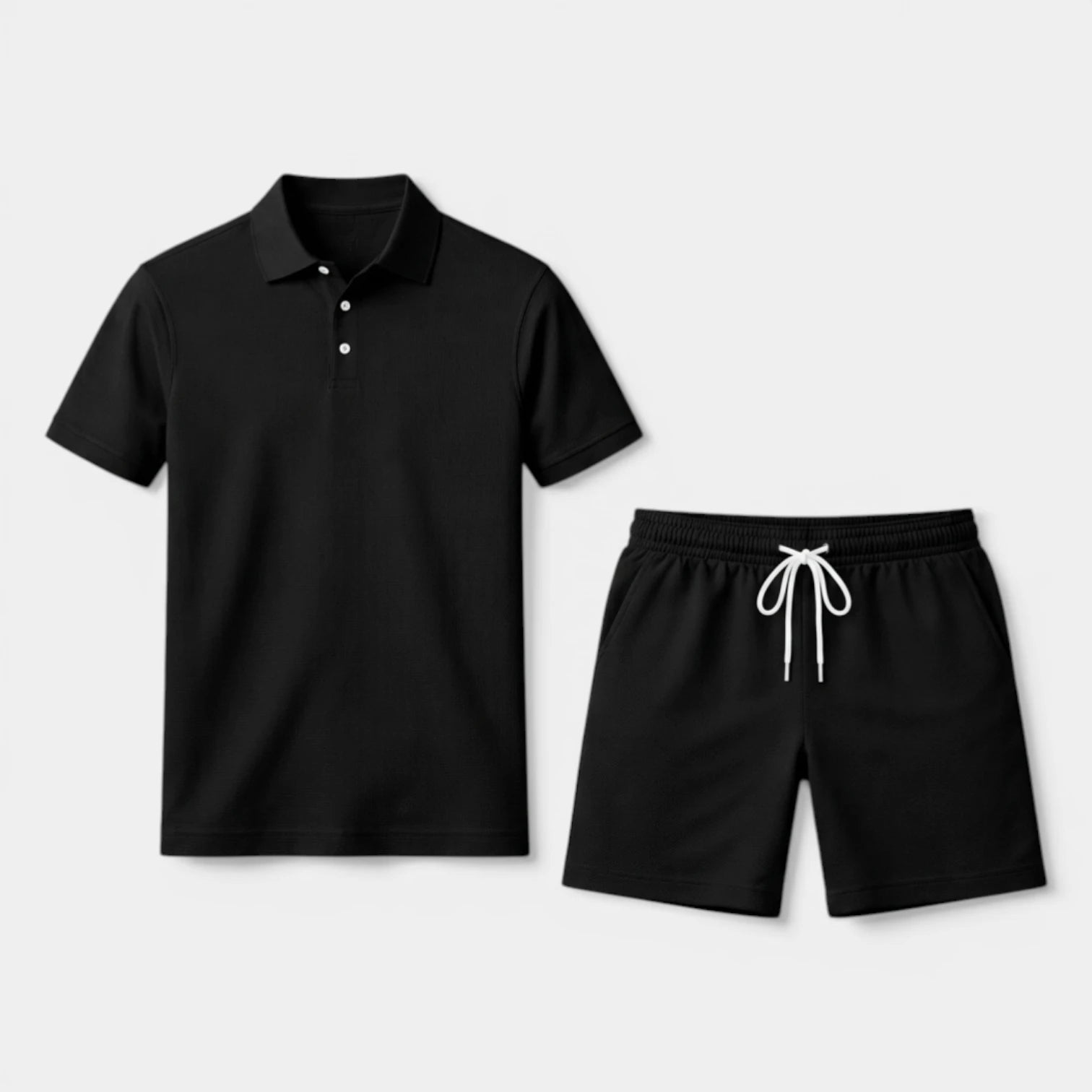 Textured Polo Shirt Drawstring Shorts Set for Men