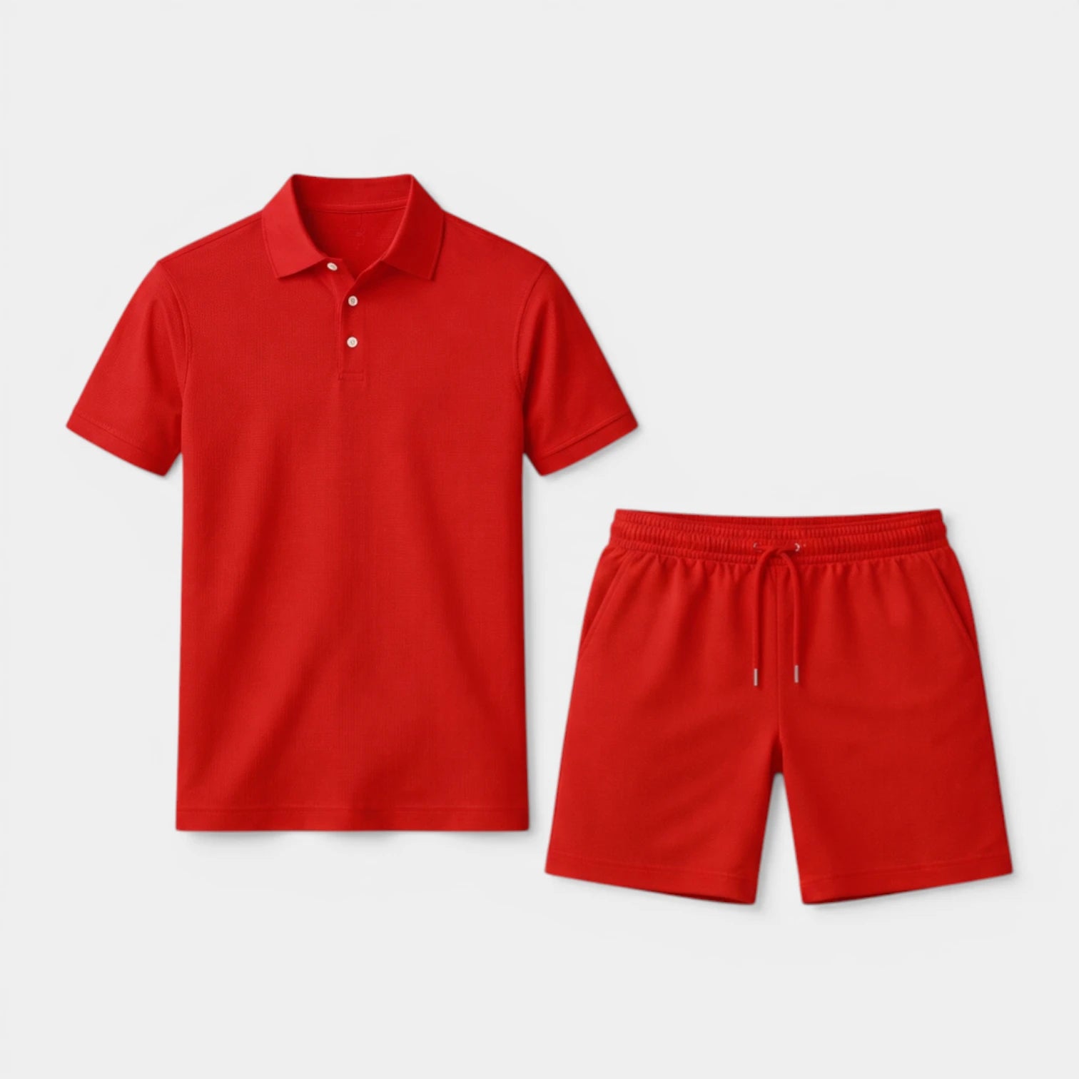 Textured Polo Shirt Drawstring Shorts Set for Men