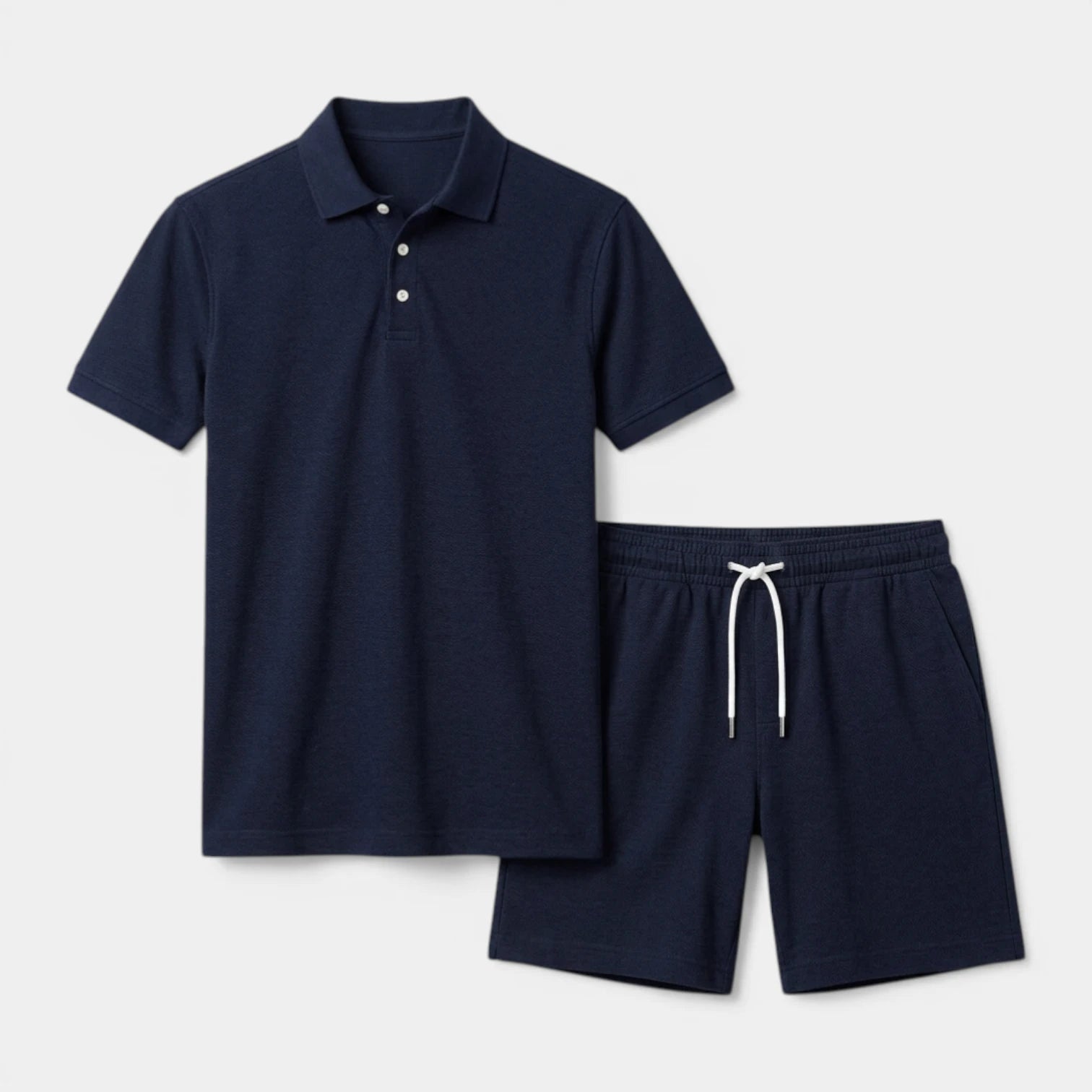 Textured Polo Shirt Drawstring Shorts Set for Men