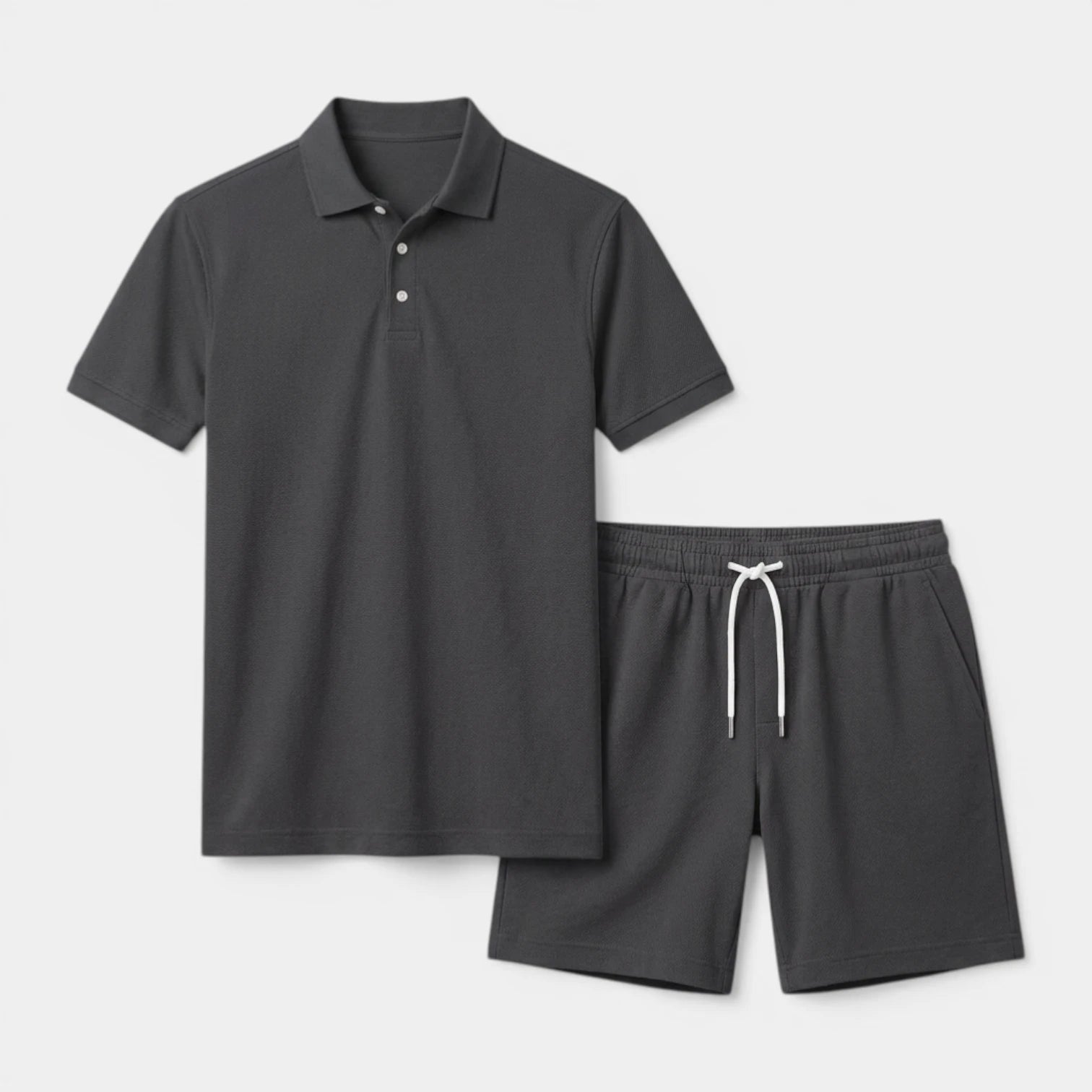 Textured Polo Shirt Drawstring Shorts Set for Men