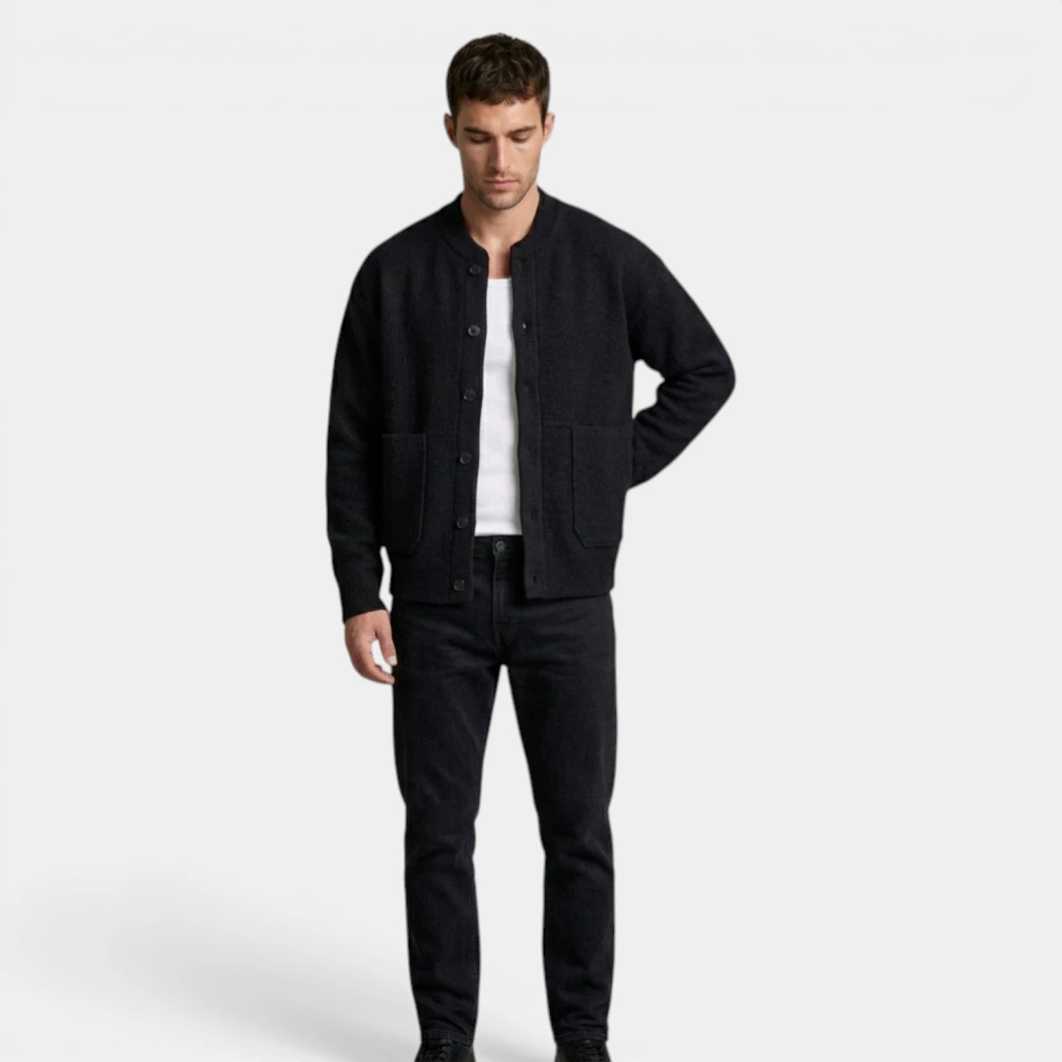 Button-Up Knit Cardigan Ribbed Trim Relaxed Fit for Men