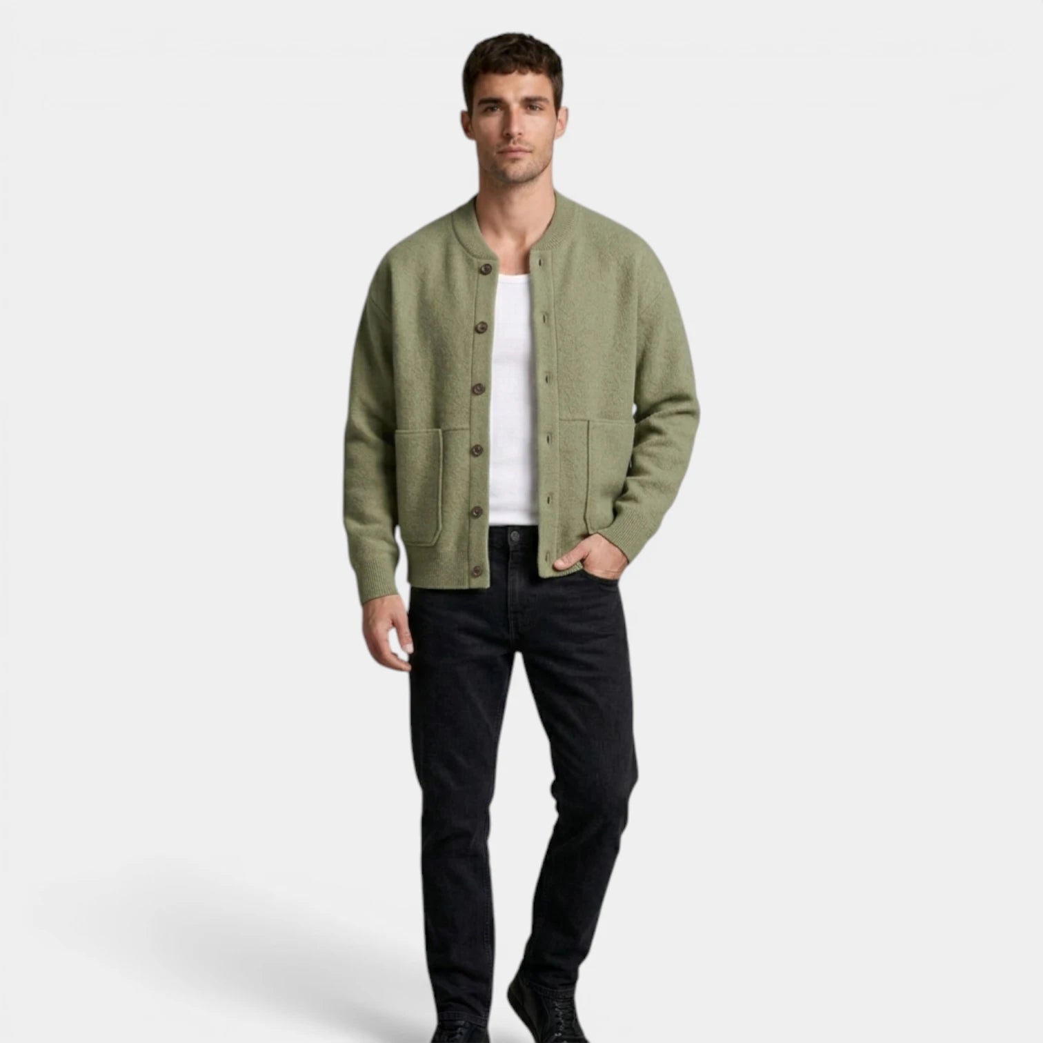 Button-Up Knit Cardigan Ribbed Trim Relaxed Fit for Men