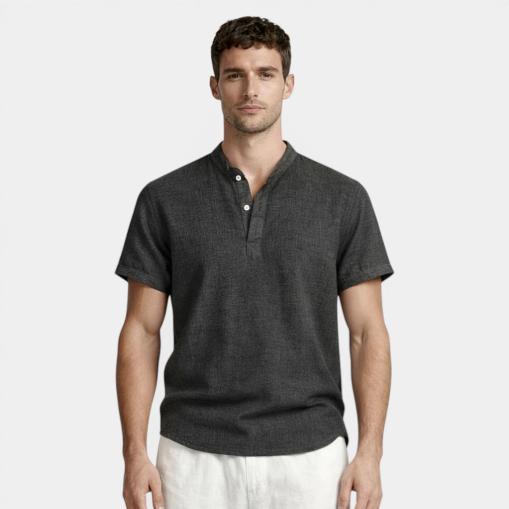 Textured Henley Shirt Stand Collar Relaxed Fit for Men