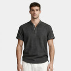 Textured Henley Shirt Stand Collar Relaxed Fit for Men