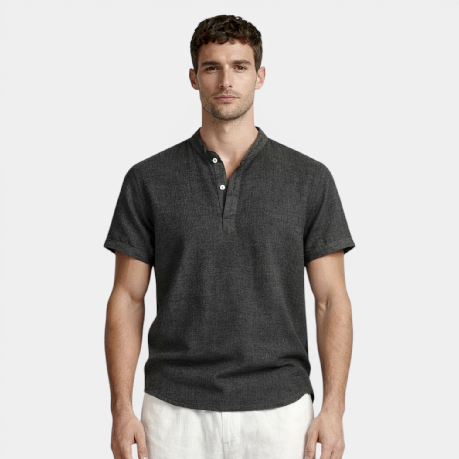 Textured Henley Shirt Stand Collar Relaxed Fit for Men