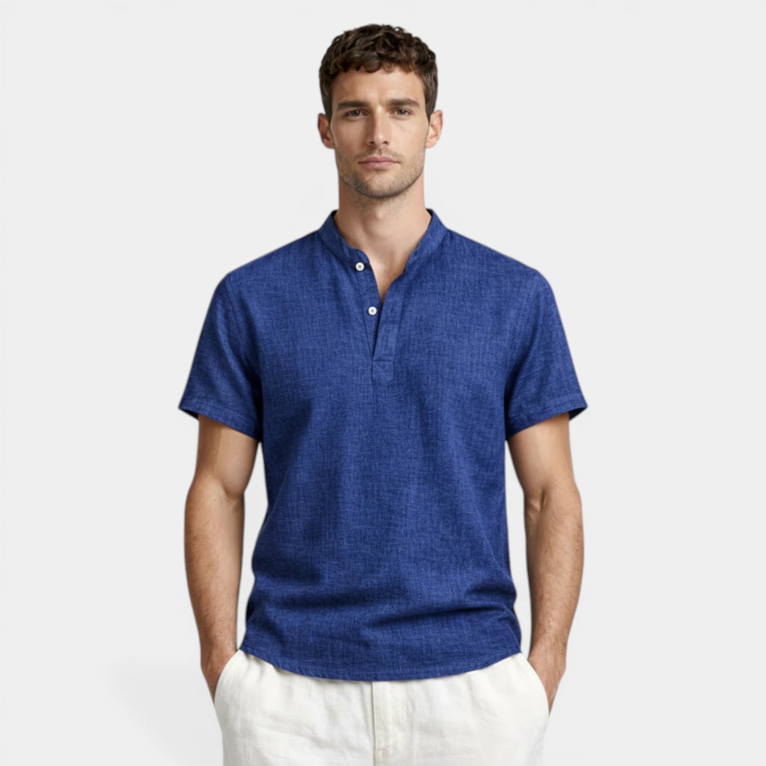 Textured Henley Shirt Stand Collar Relaxed Fit for Men