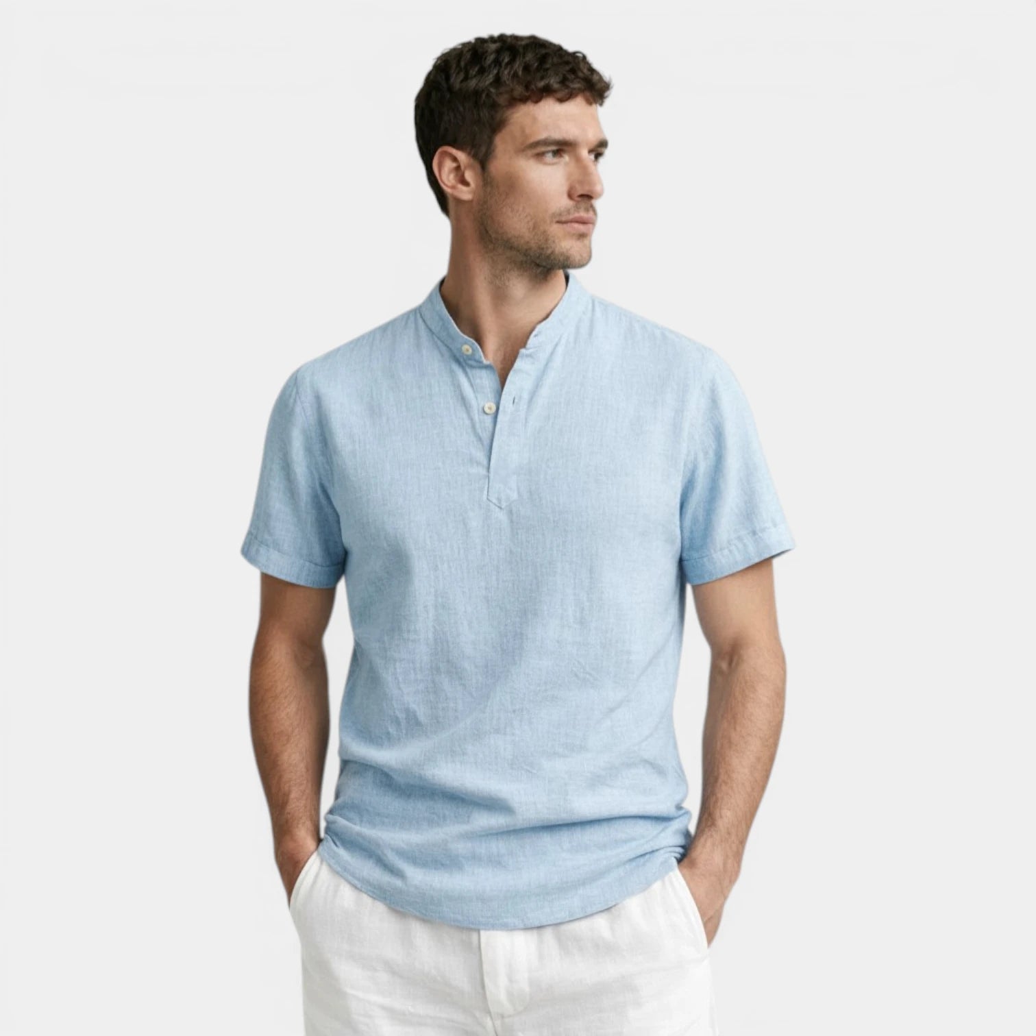 Textured Henley Shirt Stand Collar Relaxed Fit for Men