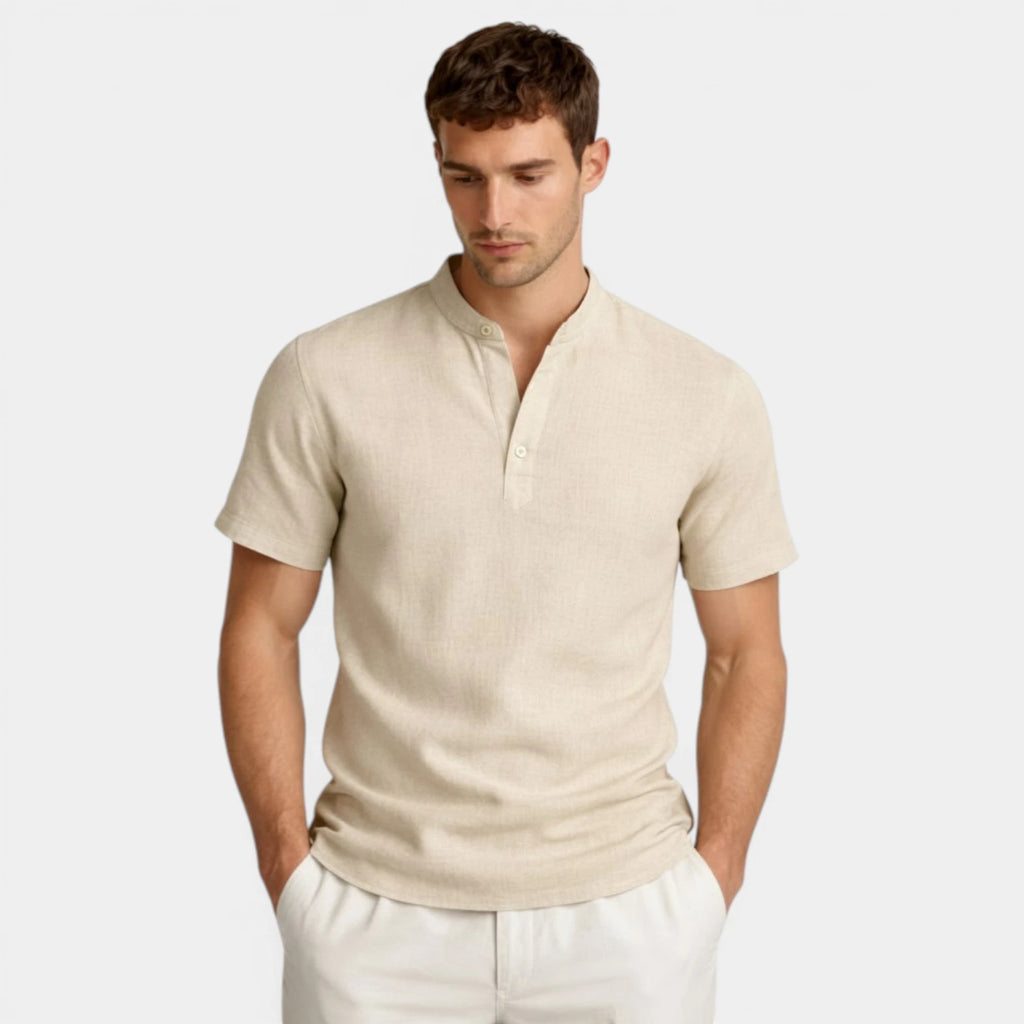 Textured Henley Shirt Stand Collar Relaxed Fit for Men