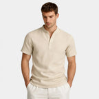 Textured Henley Shirt Stand Collar Relaxed Fit for Men