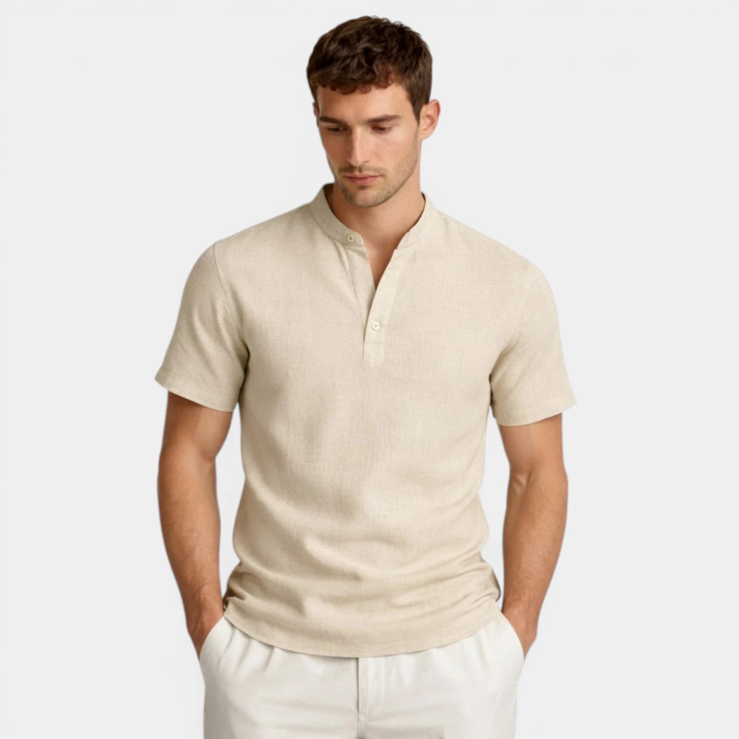Textured Henley Shirt Stand Collar Relaxed Fit for Men
