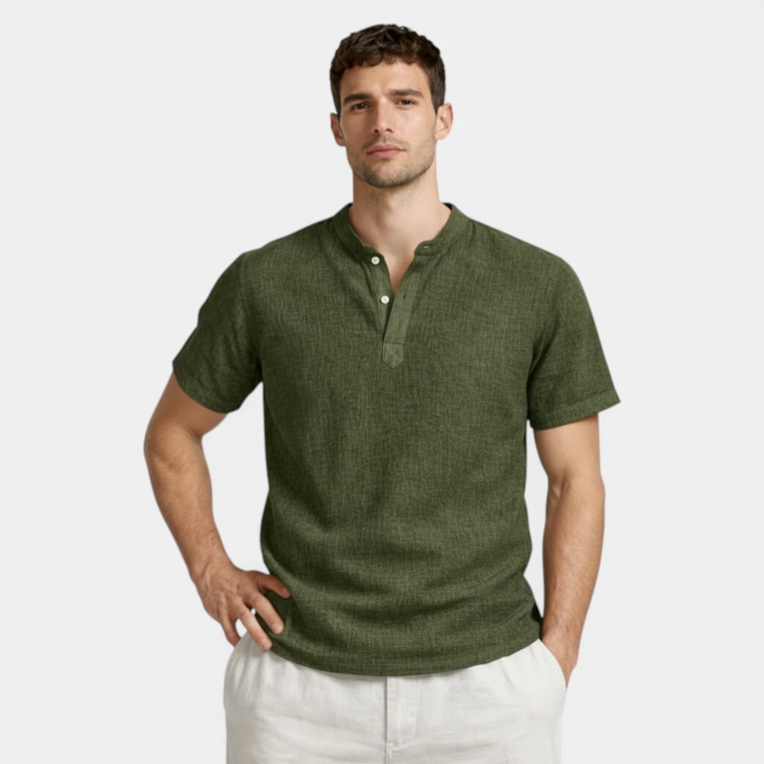 Textured Henley Shirt Stand Collar Relaxed Fit for Men