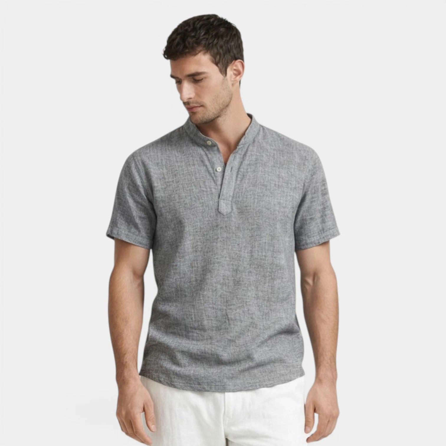 Textured Henley Shirt Stand Collar Relaxed Fit for Men