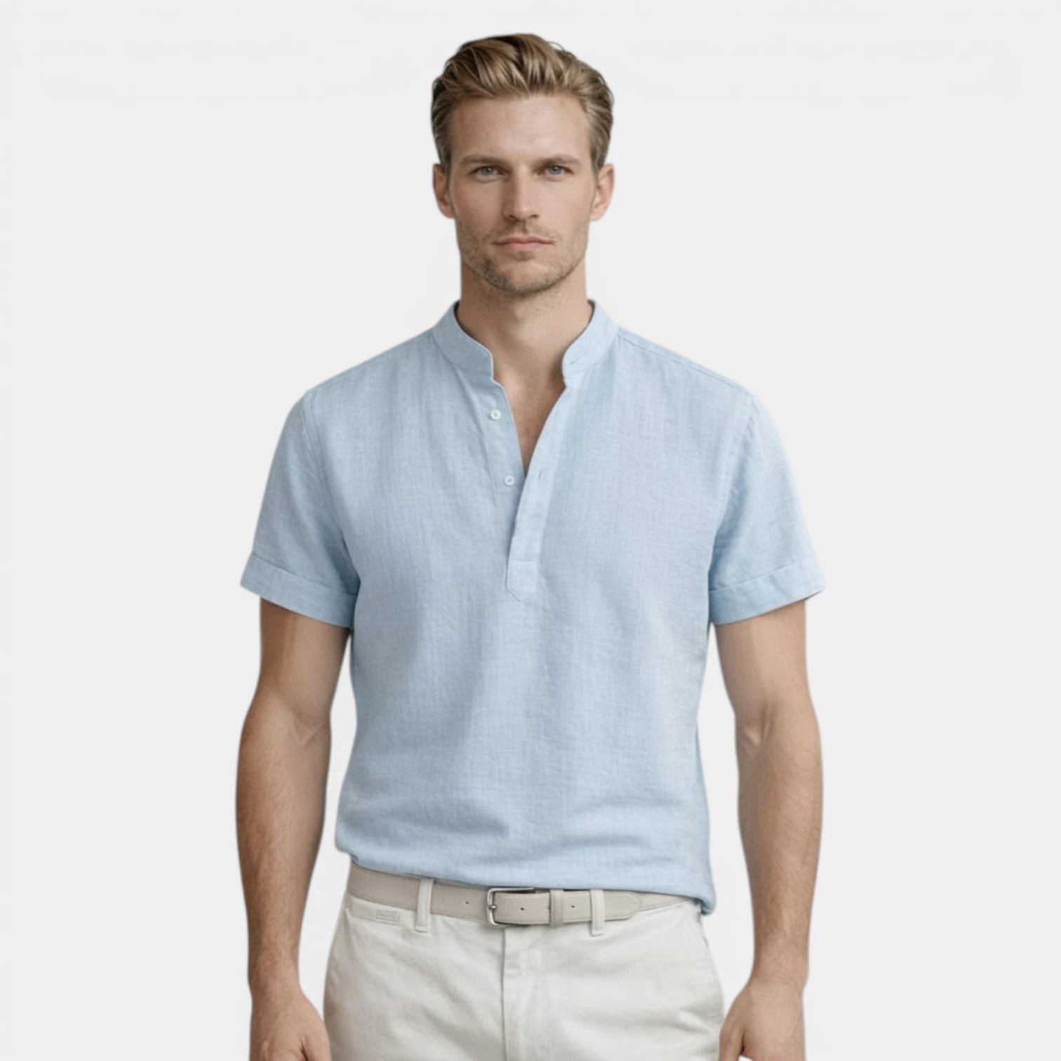 Textured Henley Shirt Stand Collar Relaxed Fit for Men
