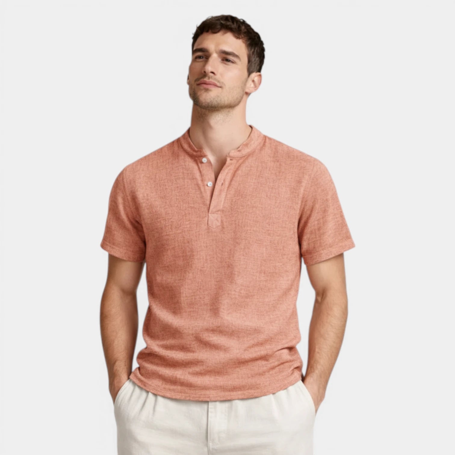 Textured Henley Shirt Stand Collar Relaxed Fit for Men