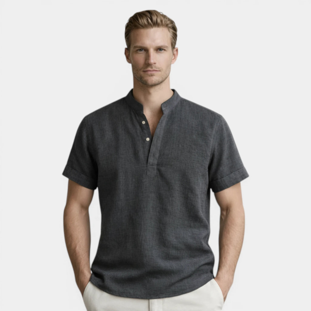 Textured Henley Shirt Stand Collar Relaxed Fit for Men