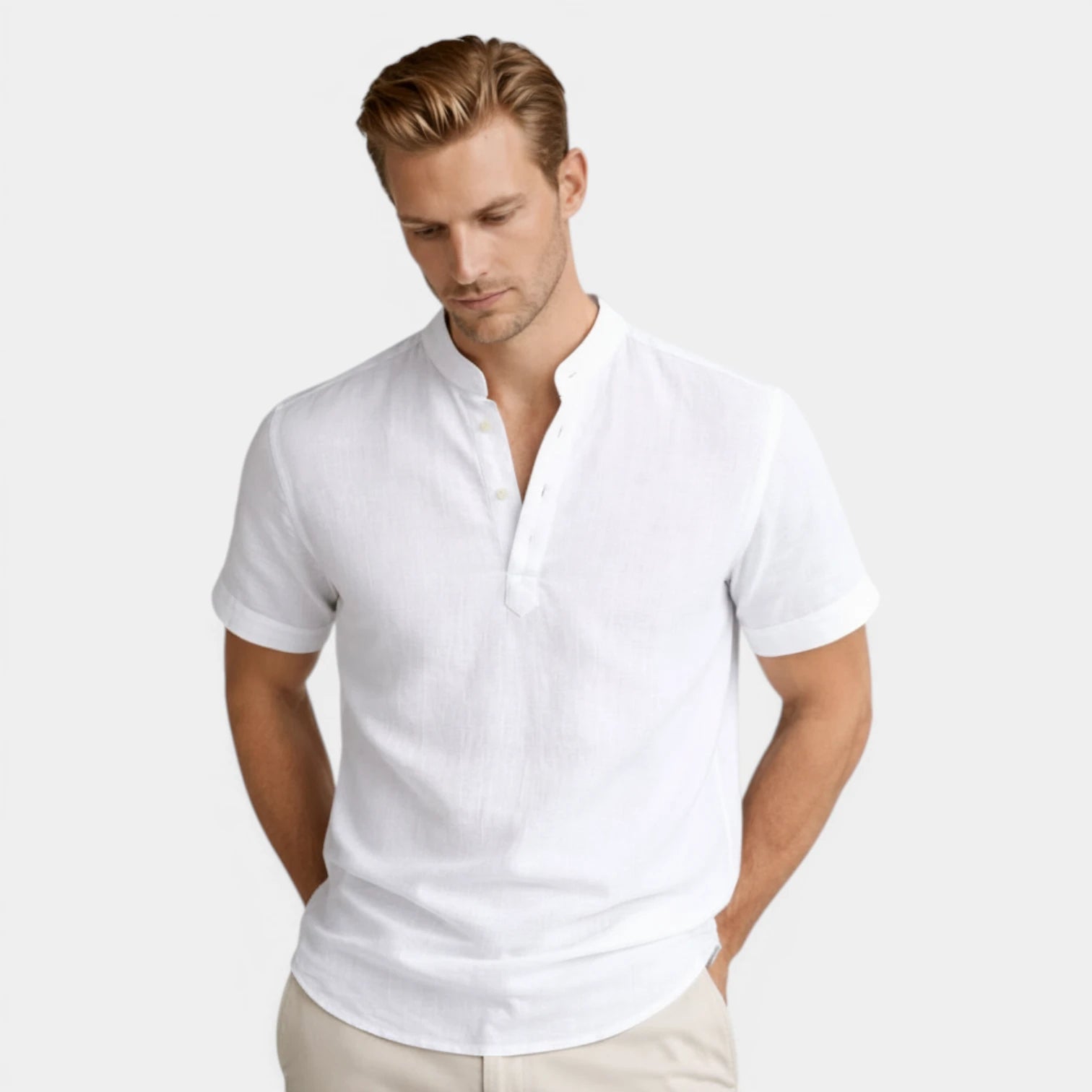 Textured Henley Shirt Stand Collar Relaxed Fit for Men
