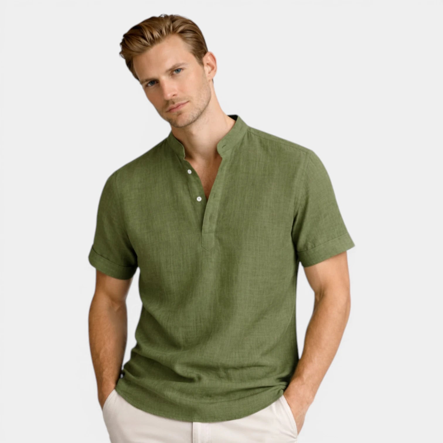 Textured Henley Shirt Stand Collar Relaxed Fit for Men