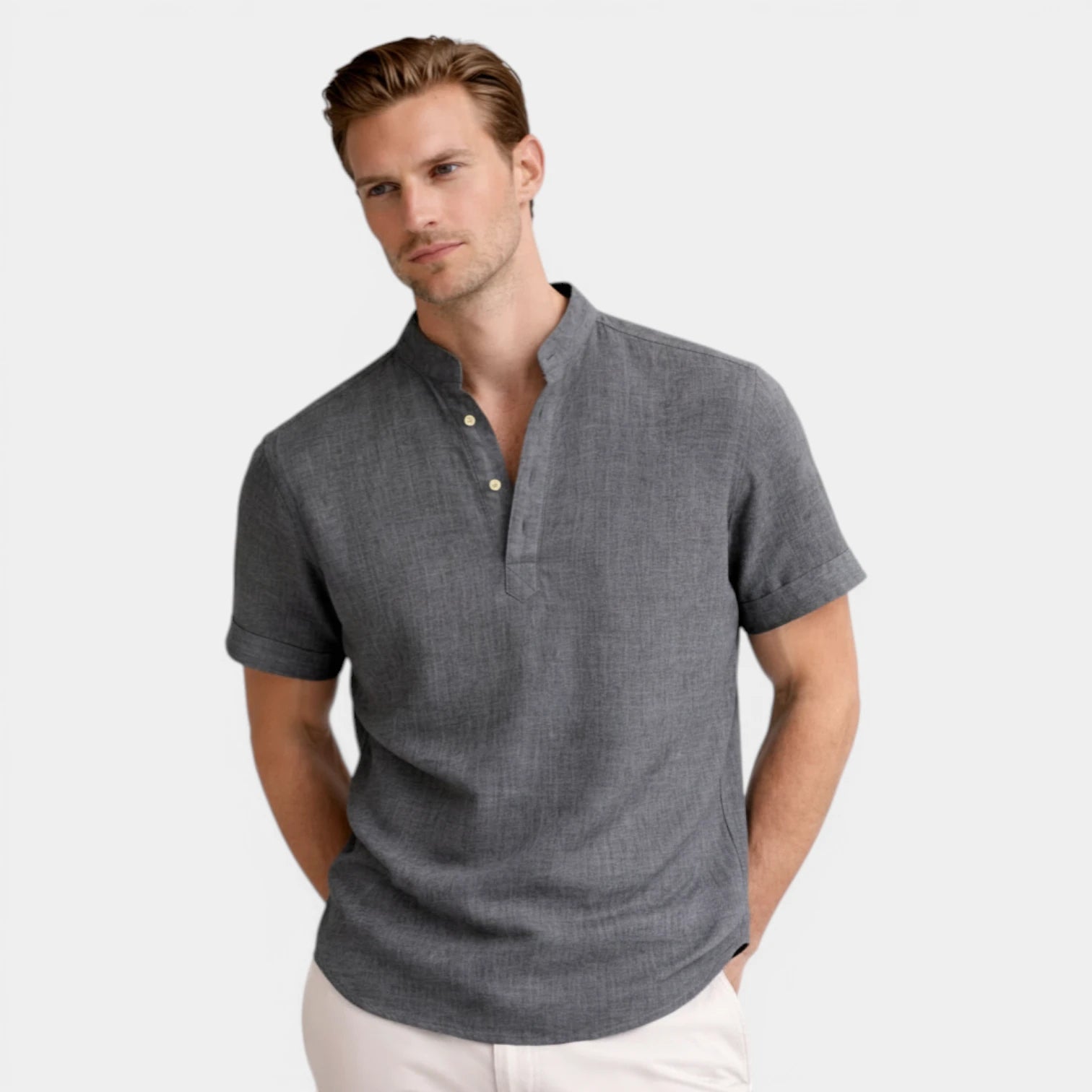 Textured Henley Shirt Stand Collar Relaxed Fit for Men