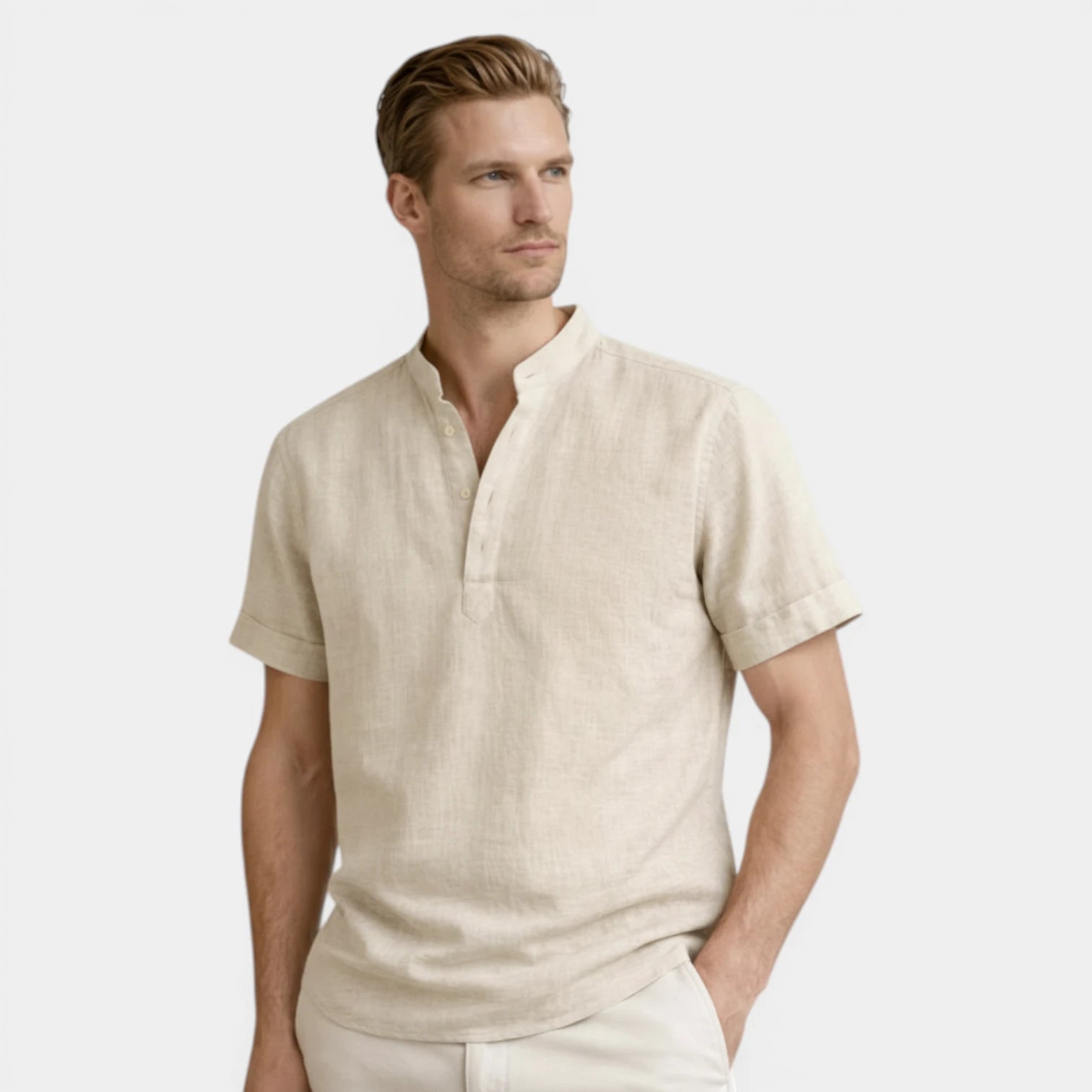 Textured Henley Shirt Stand Collar Relaxed Fit for Men