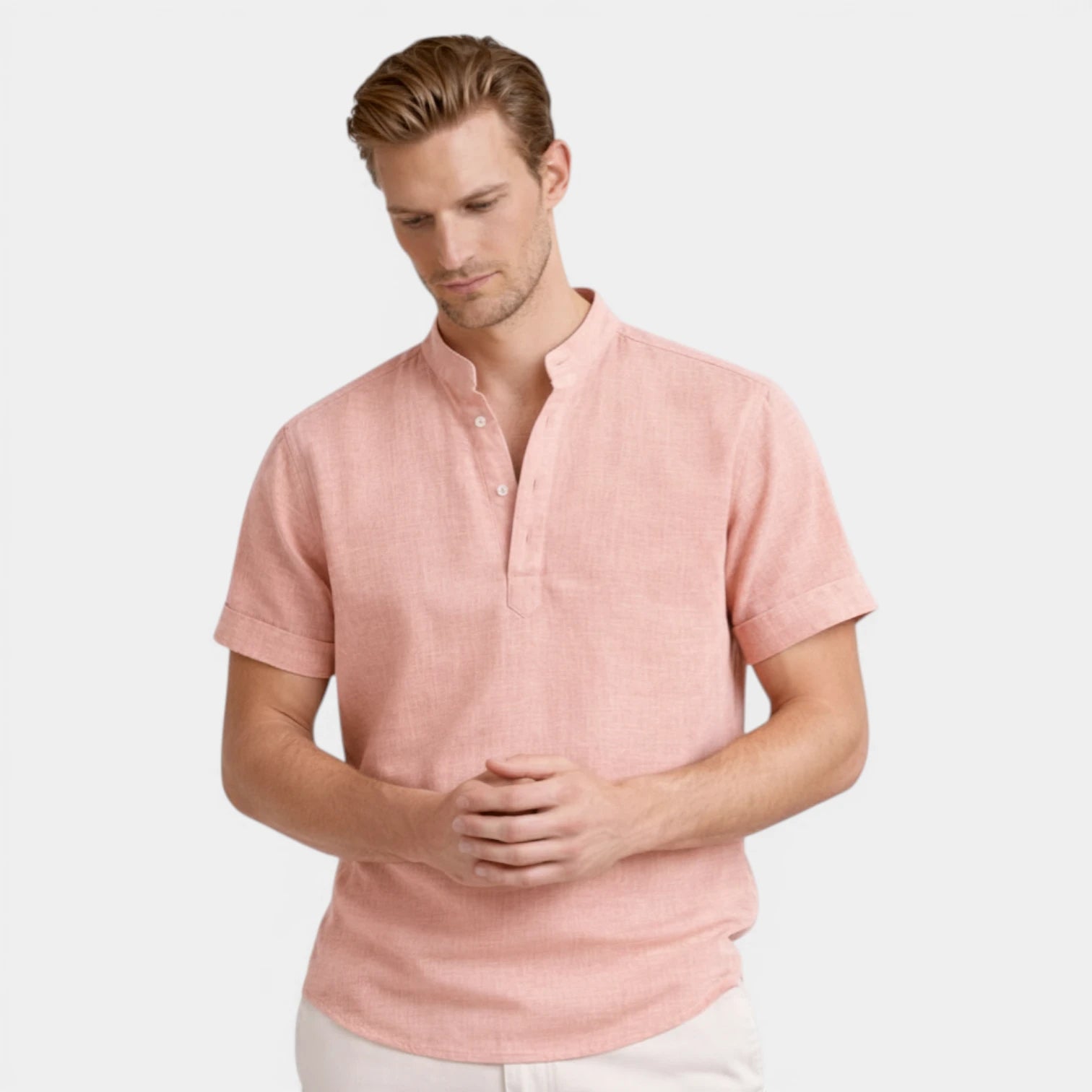 Textured Henley Shirt Stand Collar Relaxed Fit for Men