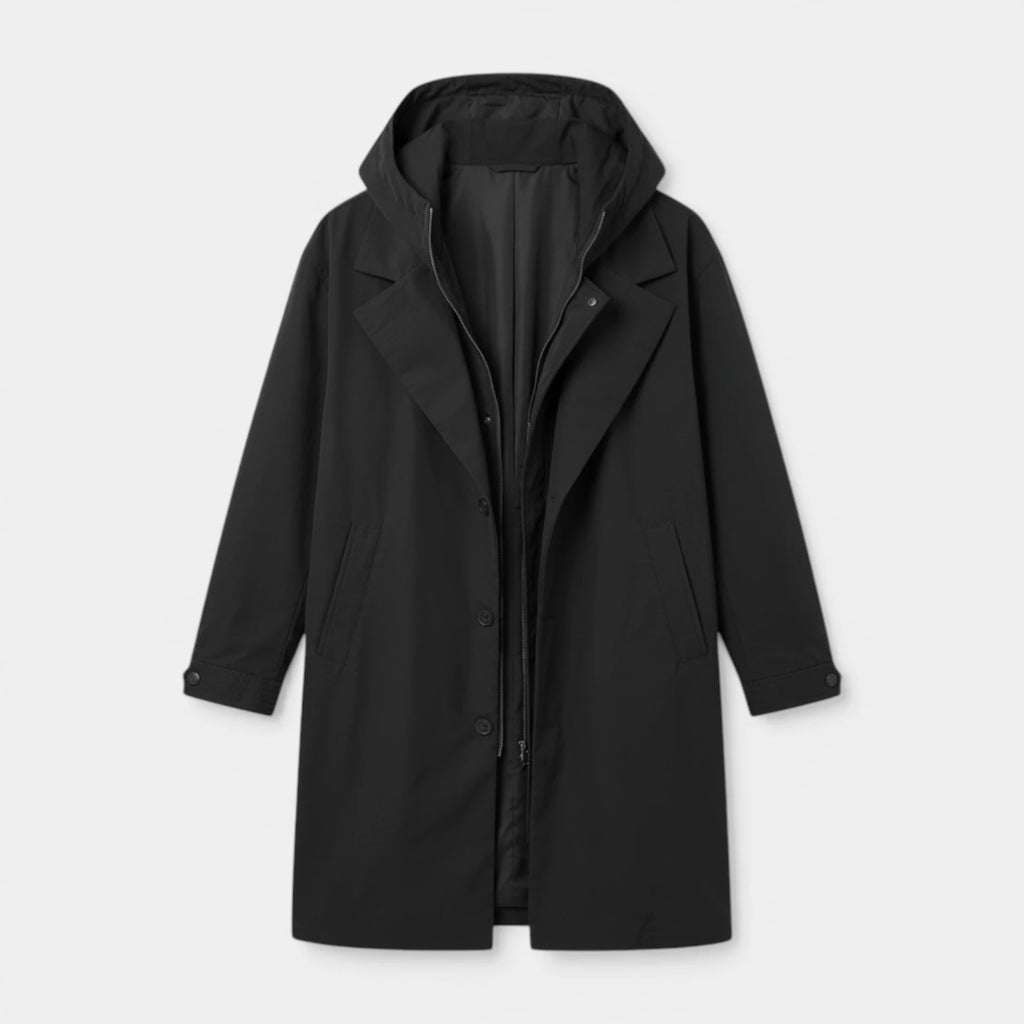 Hooded Longline Trench Coat Zip-Up Button Front for Men