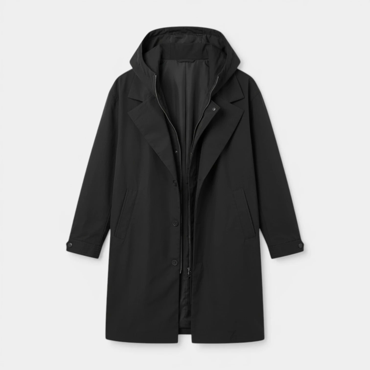 Hooded Longline Trench Coat Zip-Up Button Front for Men