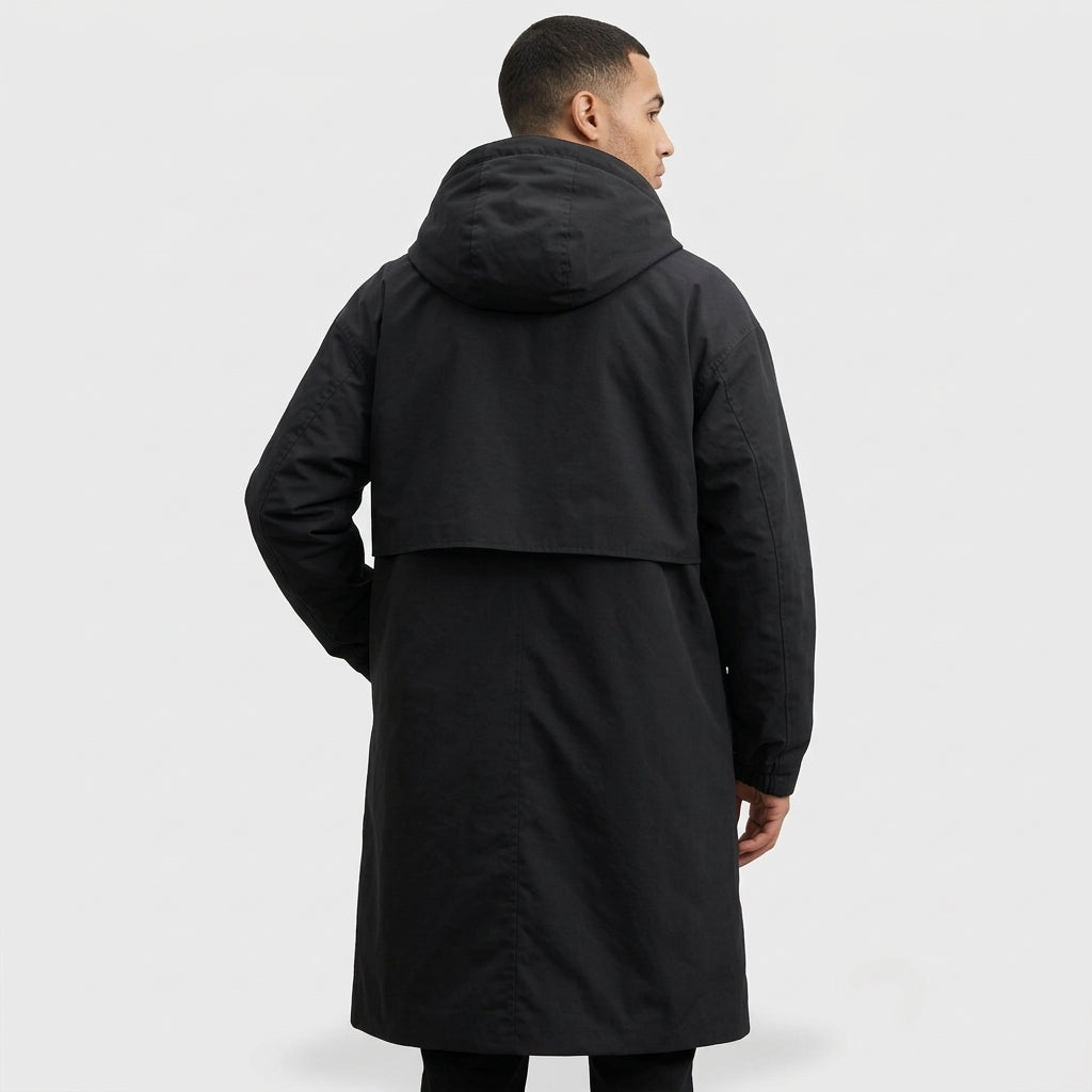 Hooded Longline Trench Coat Zip-Up Button Front for Men