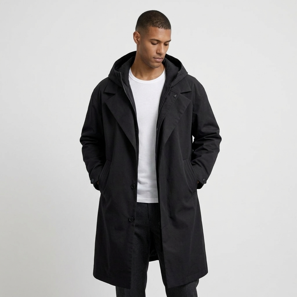 Hooded Longline Trench Coat Zip-Up Button Front for Men