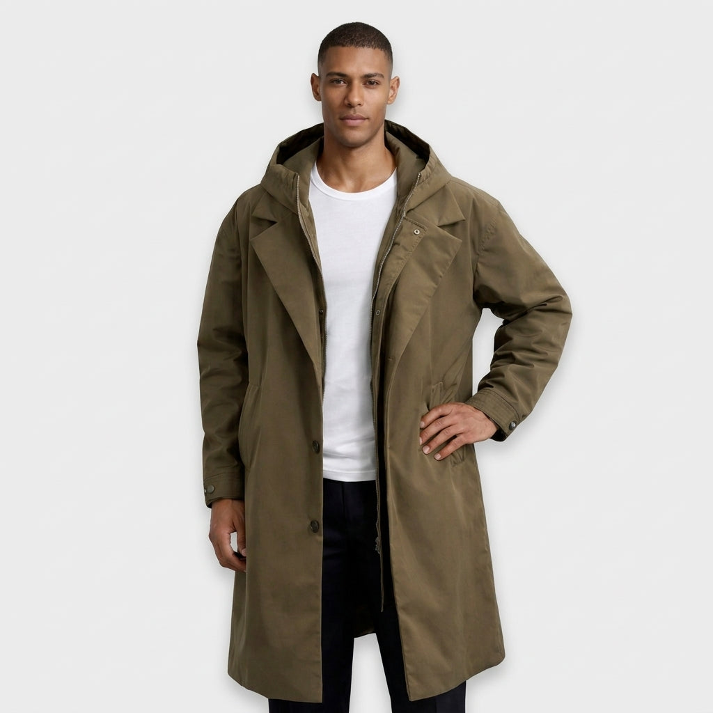 Hooded Longline Trench Coat Zip-Up Button Front for Men