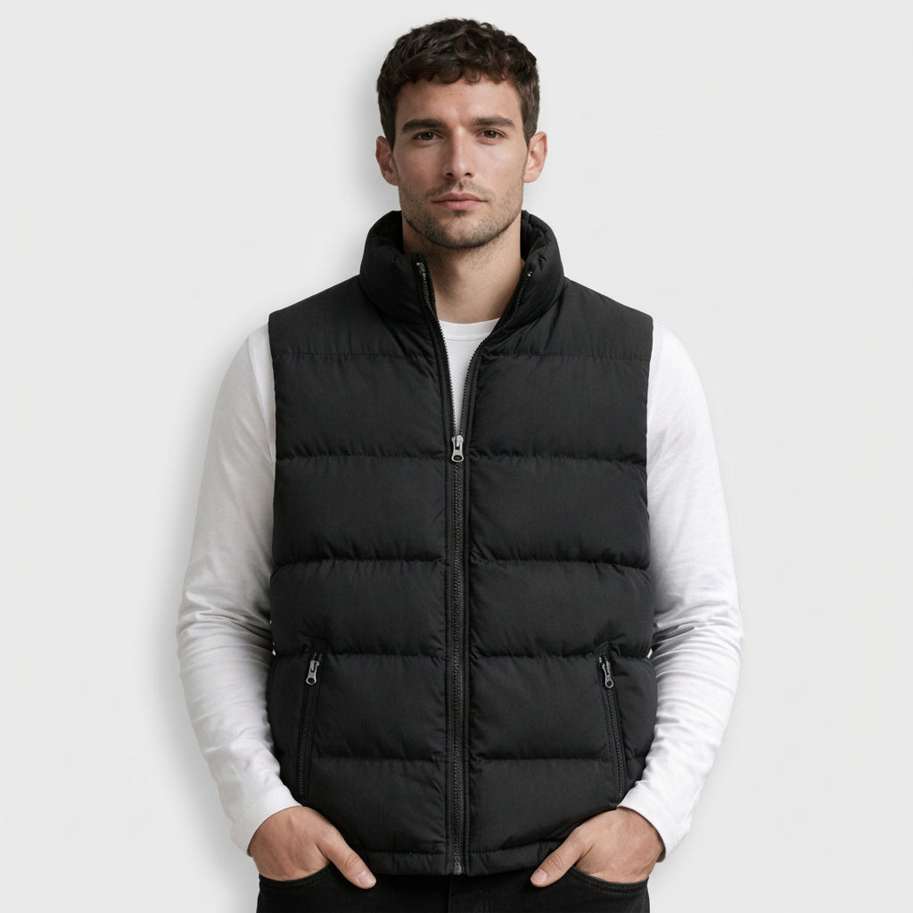 Quilted Puffer Vest Zip-Up Stand Collar Sleeveless Regular Fit for Men