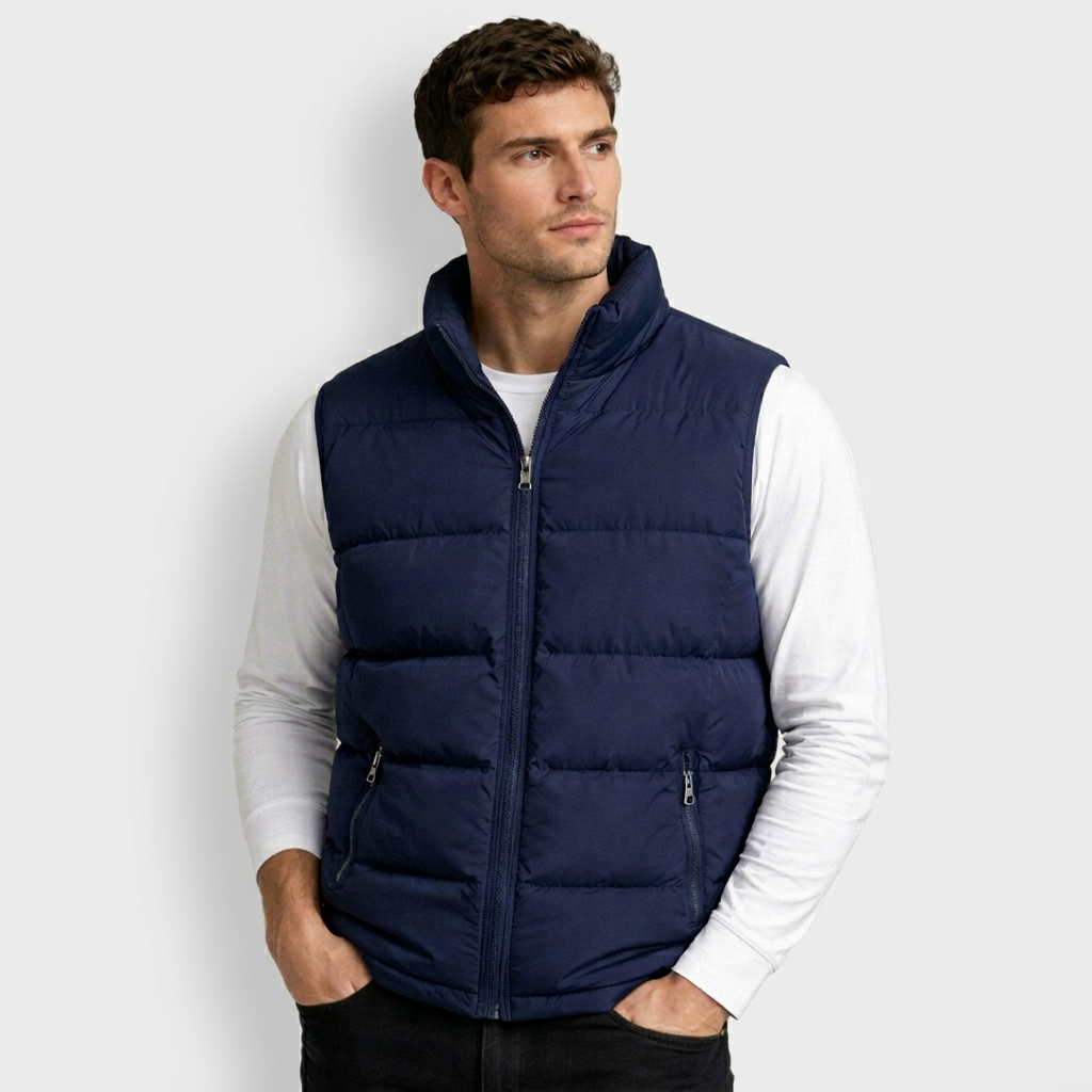 Quilted Puffer Vest Zip-Up Stand Collar Sleeveless Regular Fit for Men