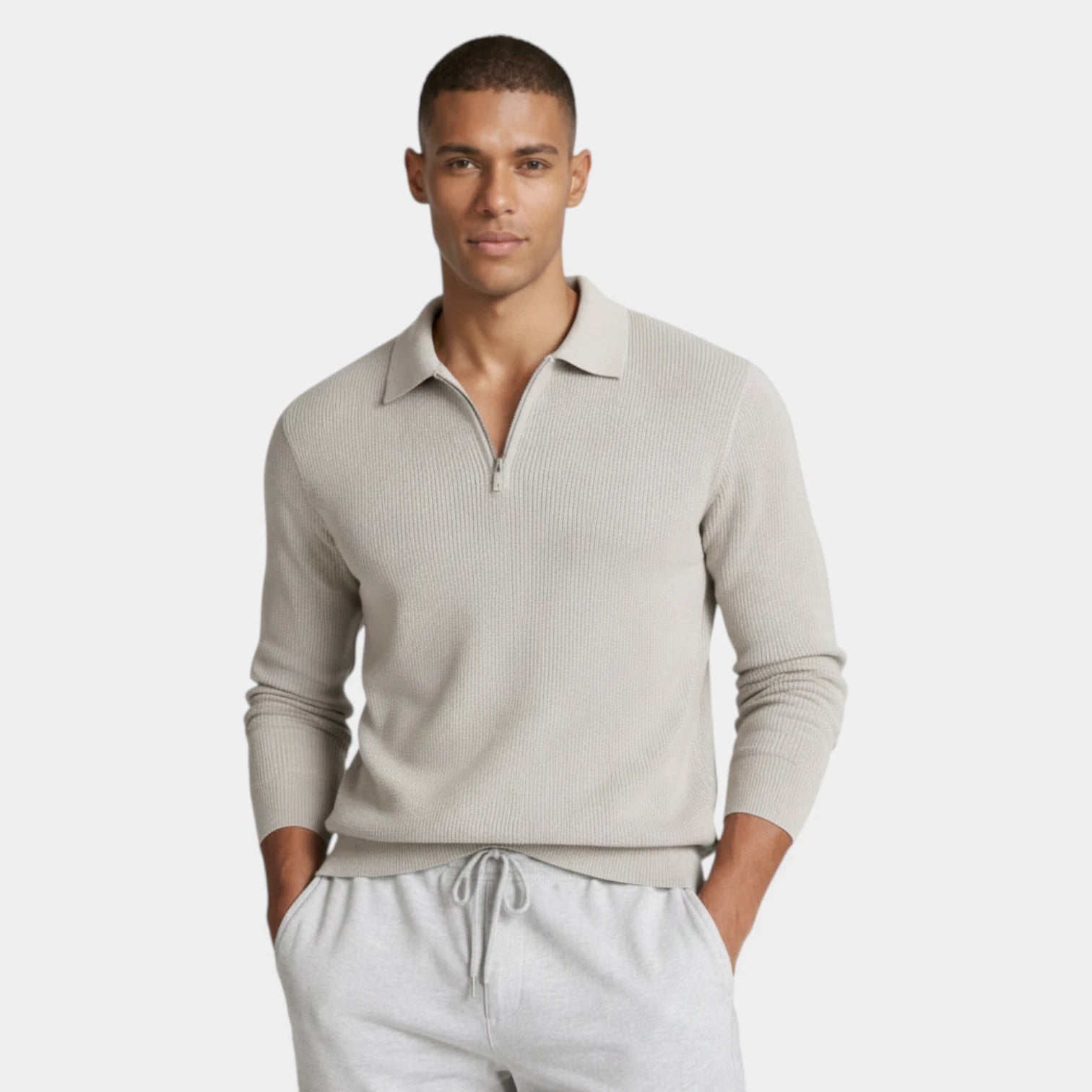 Half-Zip Ribbed Knit Polo Sweater Regular Fit for Men
