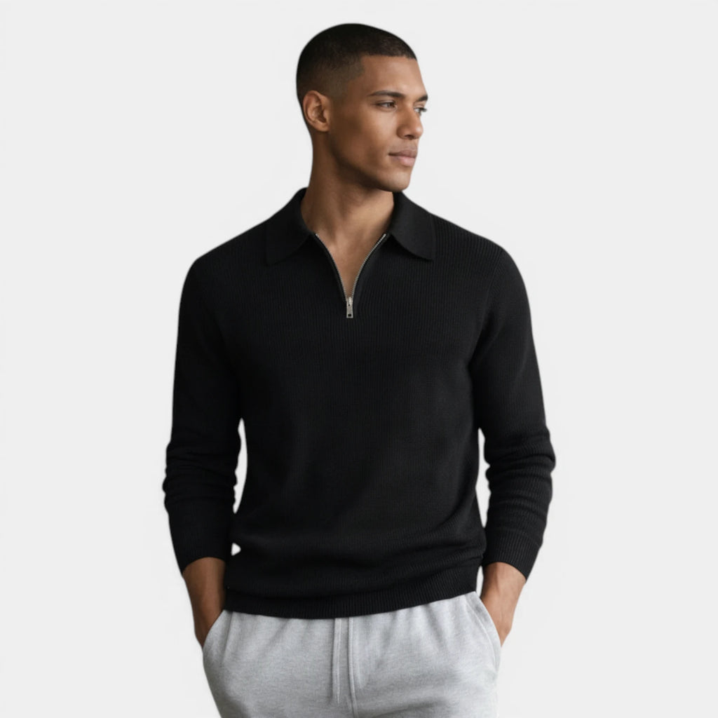 Half-Zip Ribbed Knit Polo Sweater Regular Fit for Men