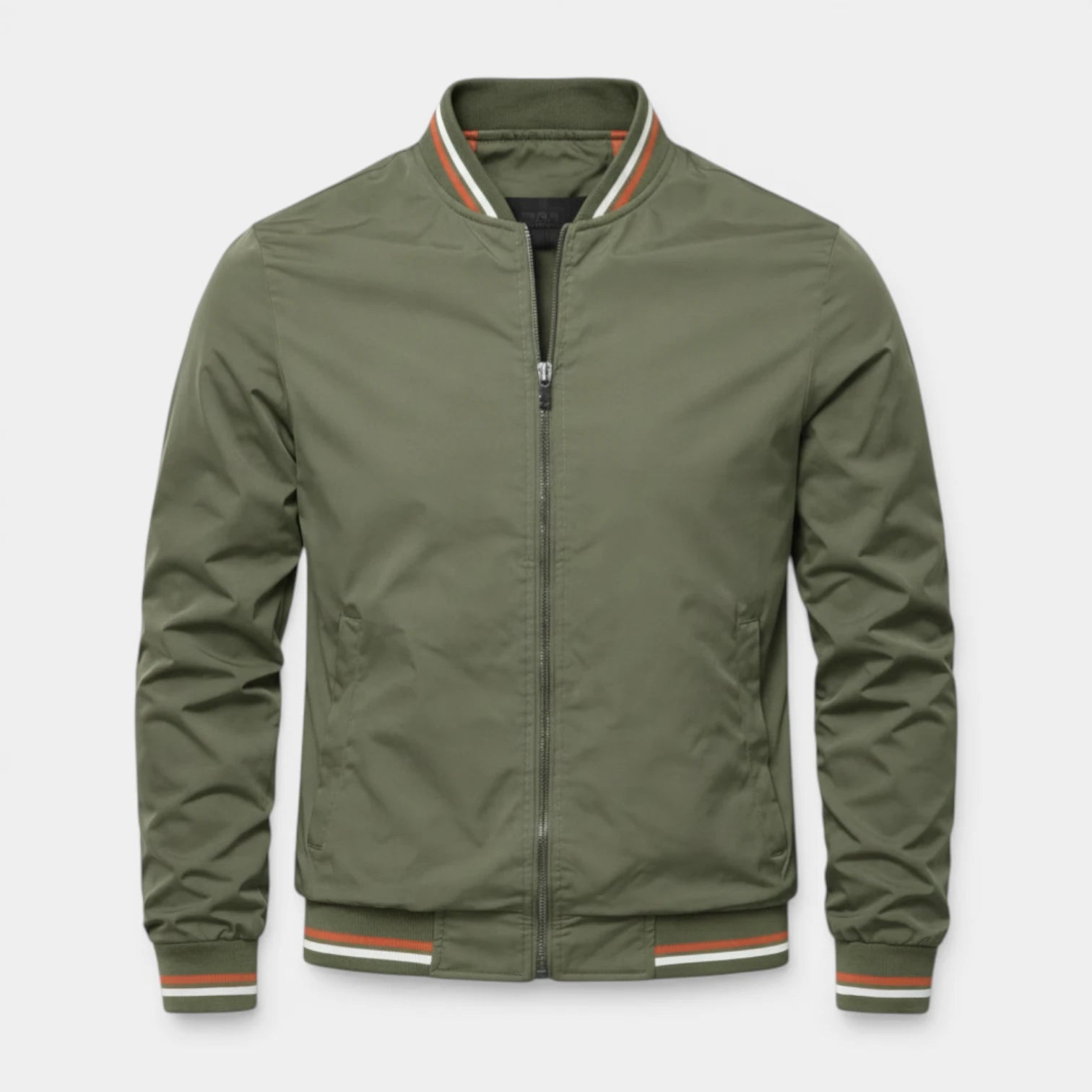 Regular Fit Zip-Up Bomber Jacket Ribbed Trim for Men