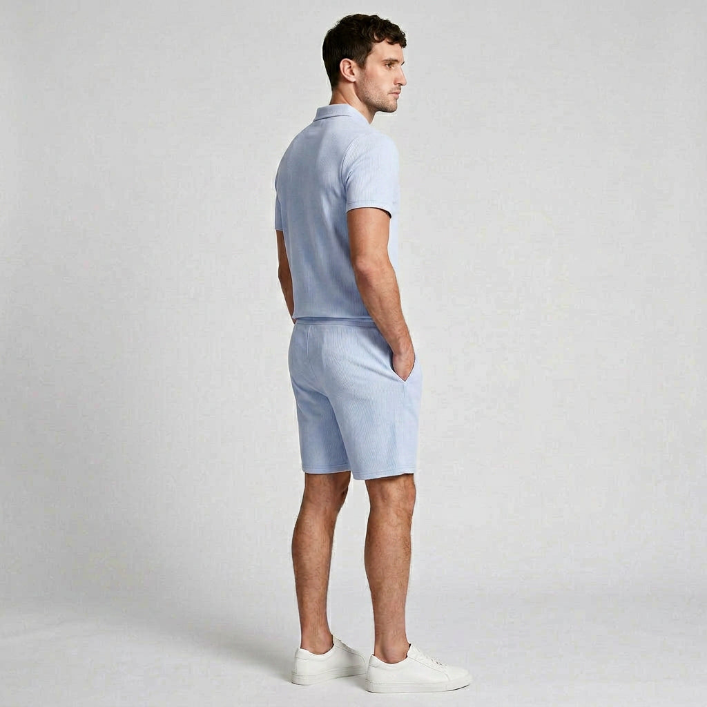 Two-Piece Zip Polo Shirt and Shorts Set for Men