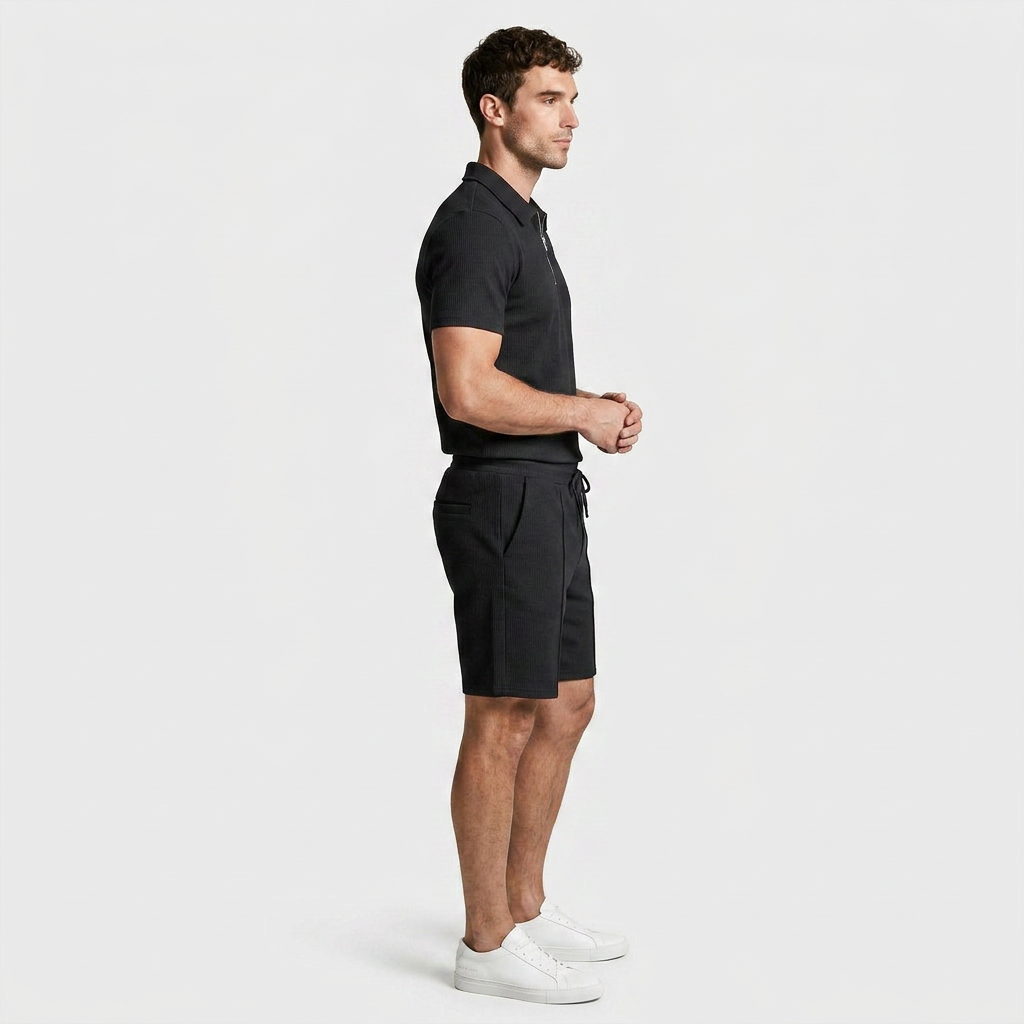 Two-Piece Zip Polo Shirt and Shorts Set for Men