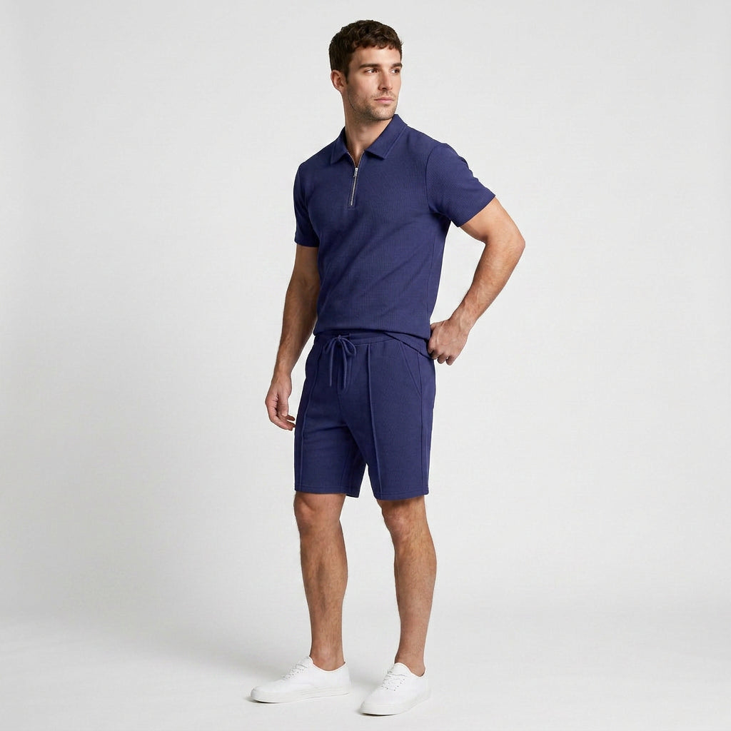 Two-Piece Zip Polo Shirt and Shorts Set for Men