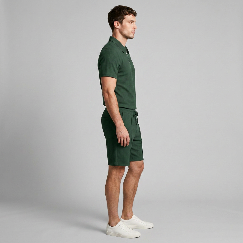 Two-Piece Zip Polo Shirt and Shorts Set for Men